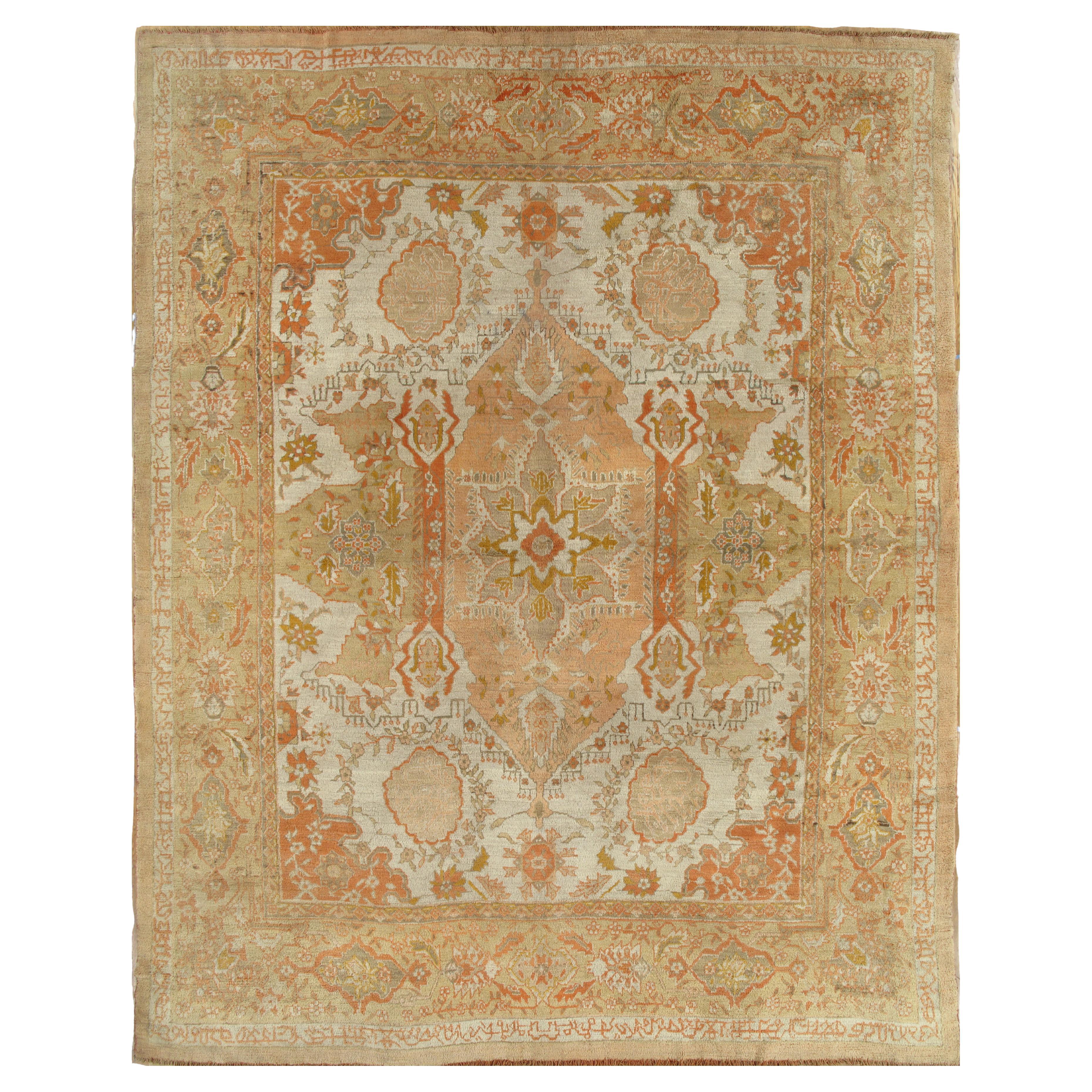 Antique Oushak Carpet, Handmade Oriental Rug, Ivory Field, Coral, Gray, Soft 