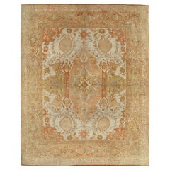 Antique Oushak Carpet, Handmade Oriental Rug, Ivory Field, Coral, Gray, Soft 