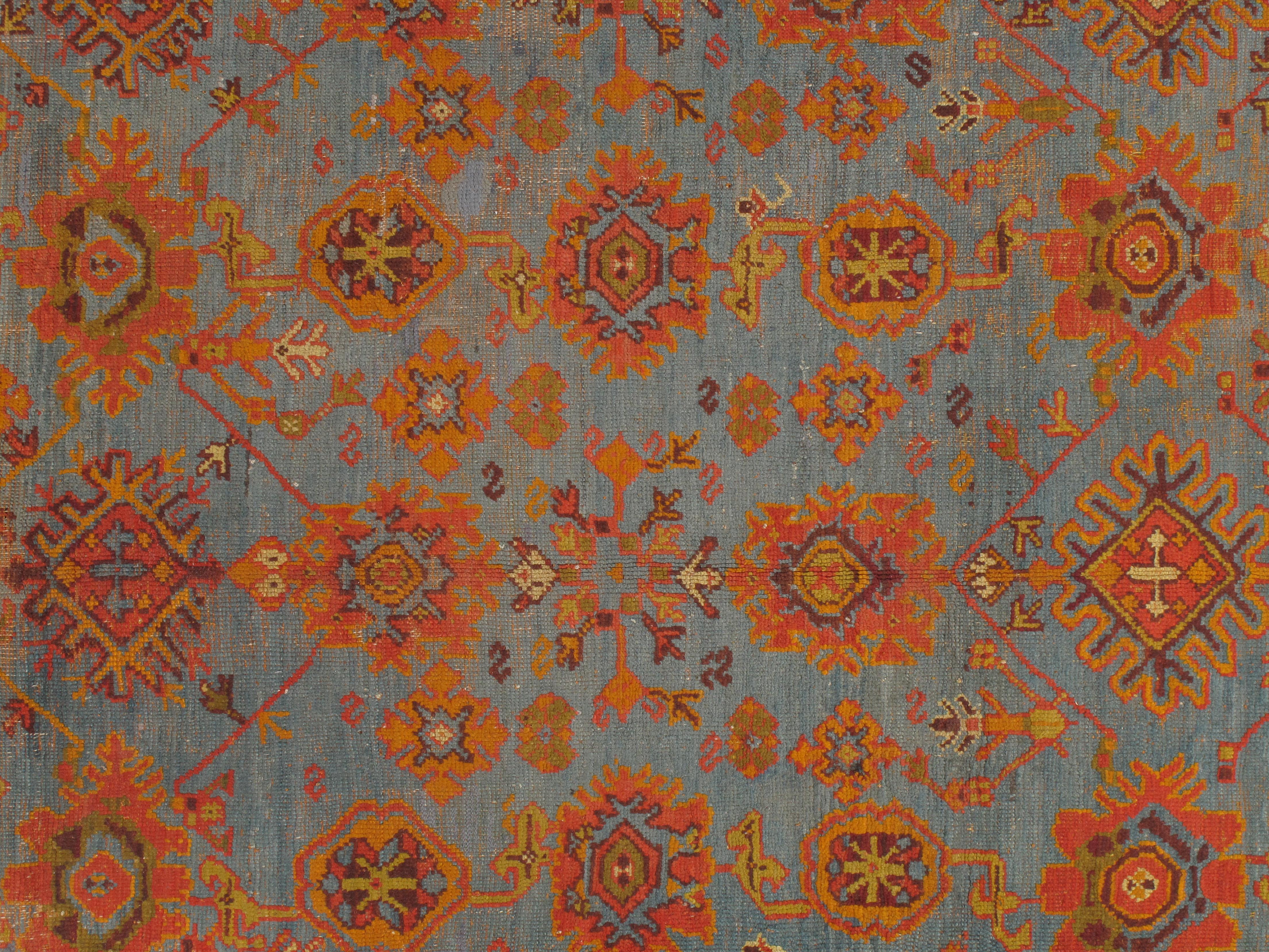 Antique Oushak Carpet, Handmade Oriental Rug Made in Turkey, Coral, Light Blue 2