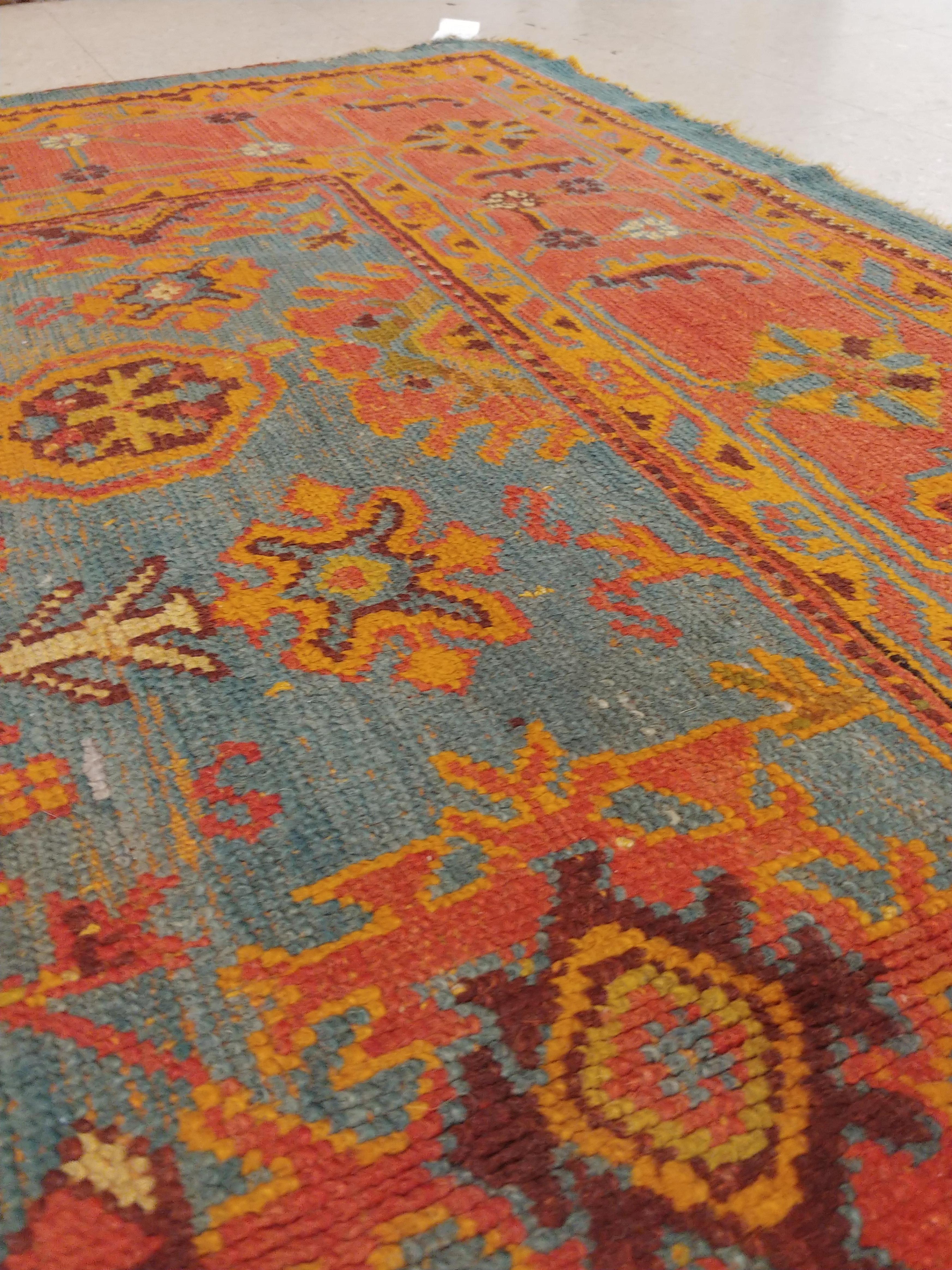 Turkish Antique Oushak Carpet, Handmade Oriental Rug Made in Turkey, Coral, Light Blue