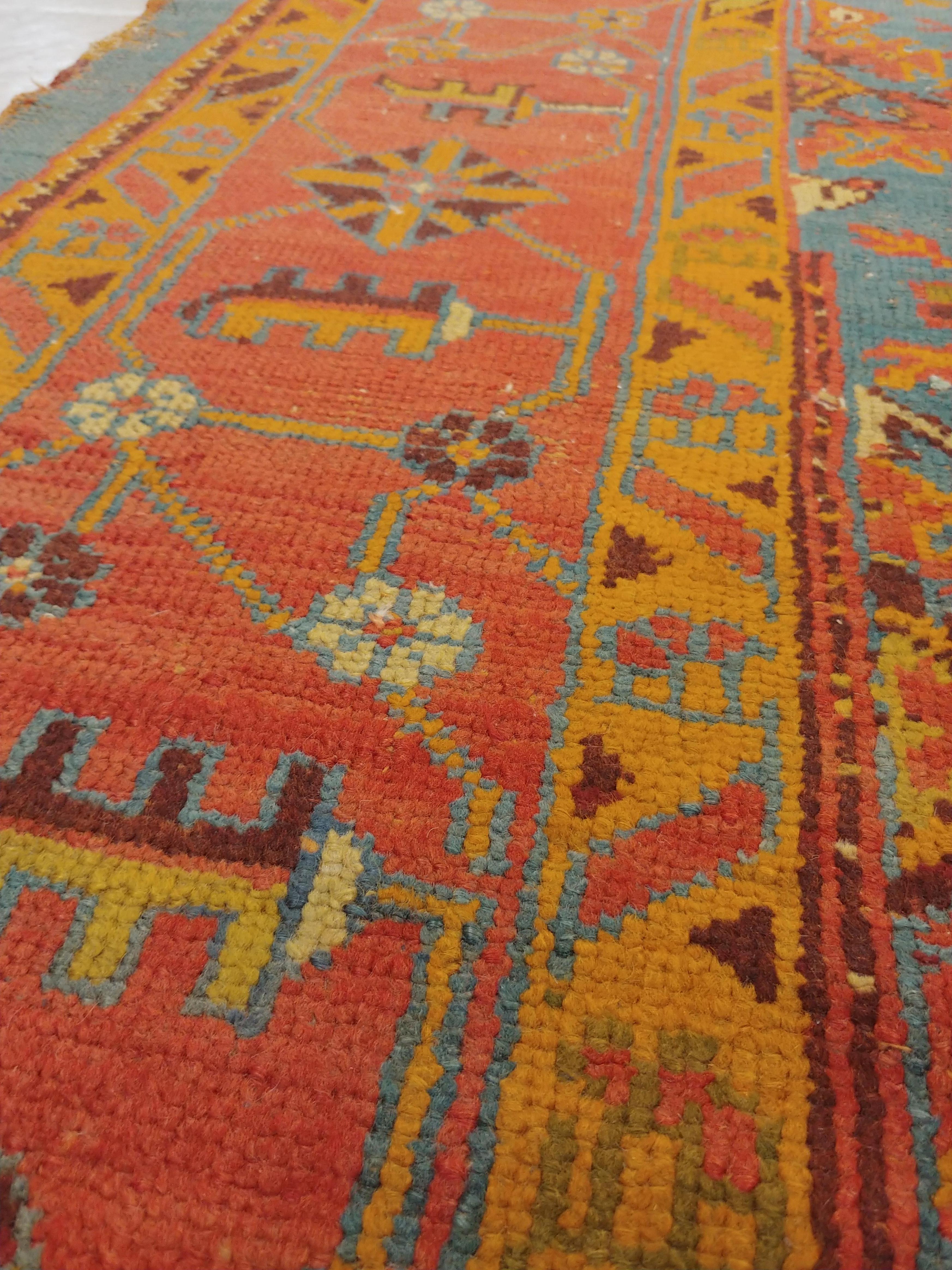19th Century Antique Oushak Carpet, Handmade Oriental Rug Made in Turkey, Coral, Light Blue