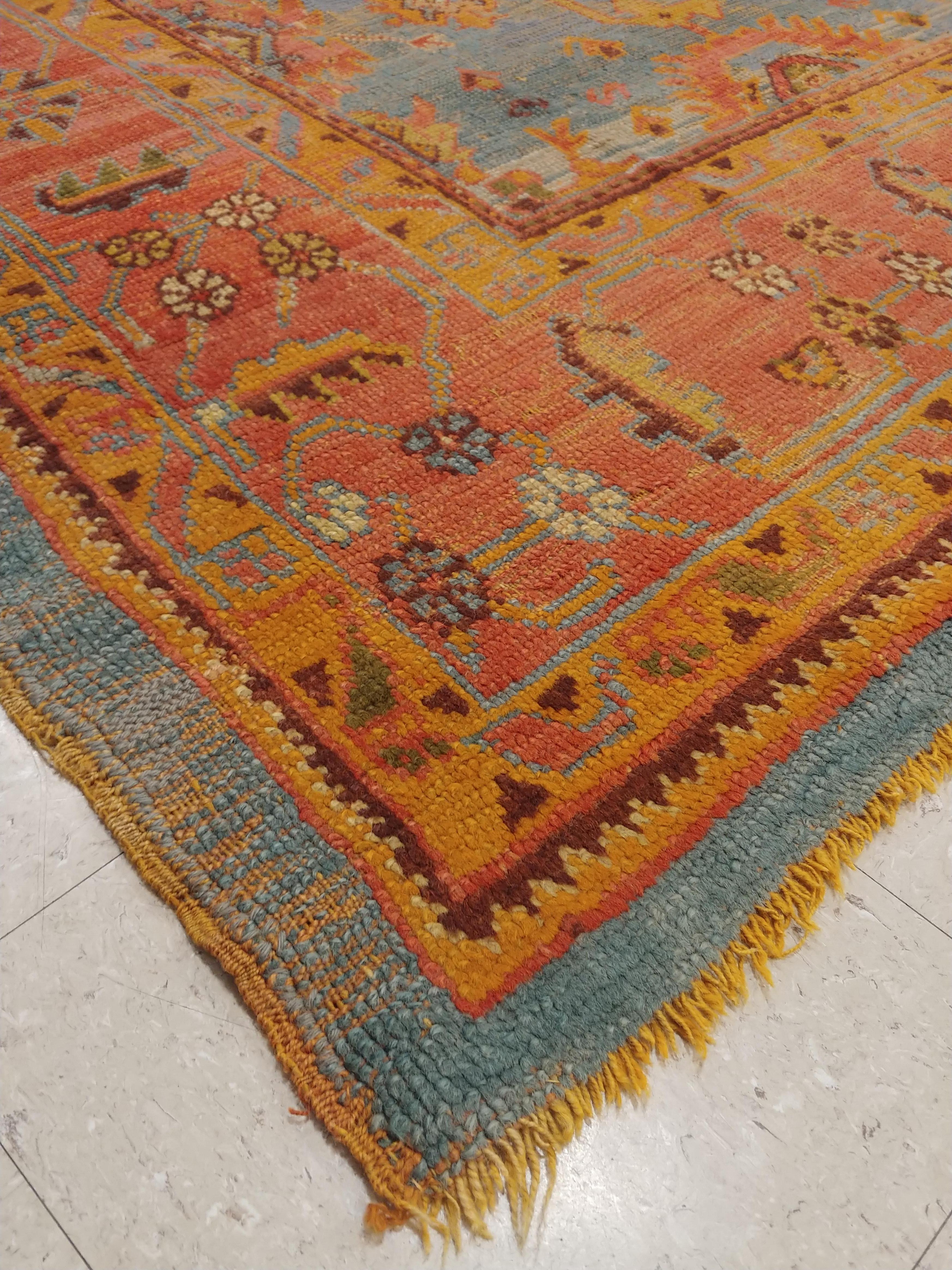 Wool Antique Oushak Carpet, Handmade Oriental Rug Made in Turkey, Coral, Light Blue