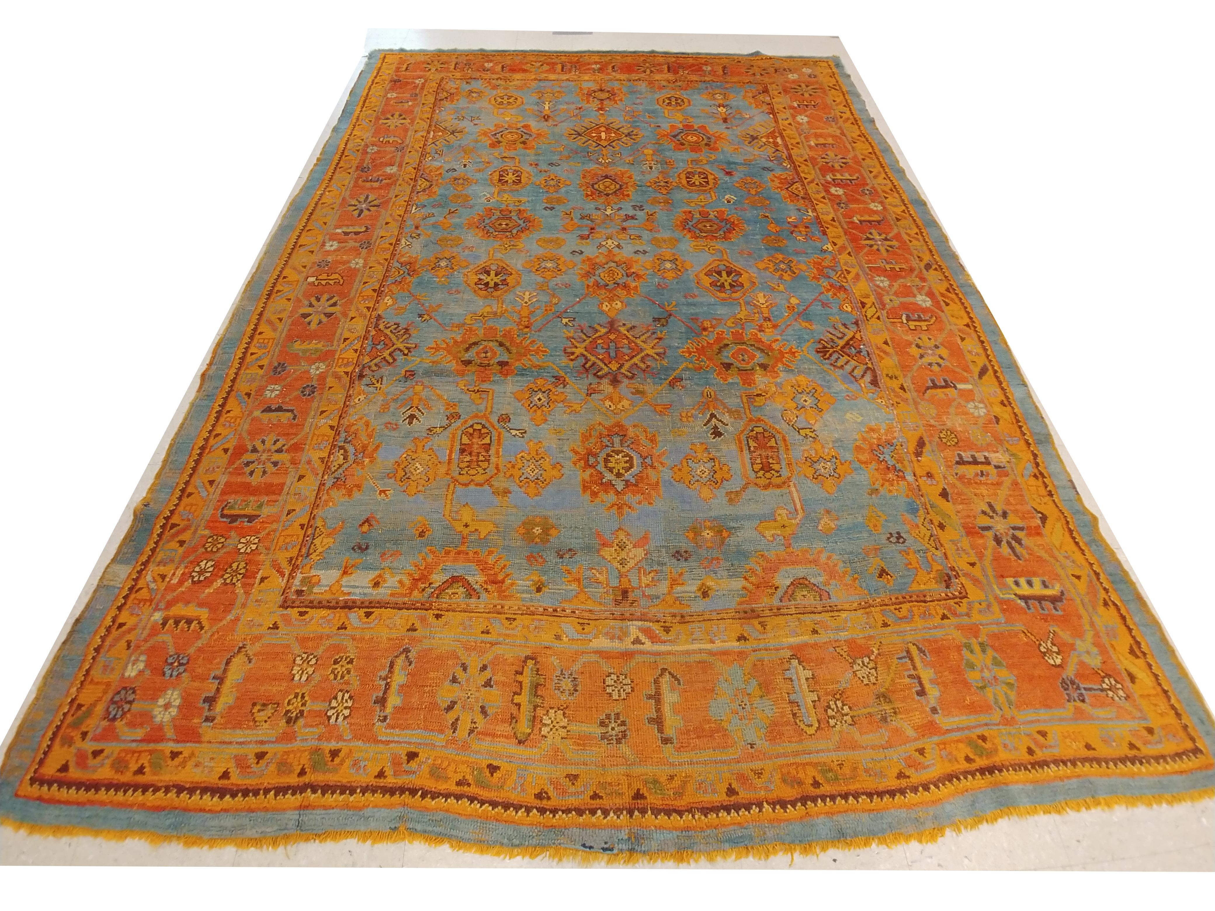 Antique Oushak Carpet, Handmade Oriental Rug Made in Turkey, Coral, Light Blue 1