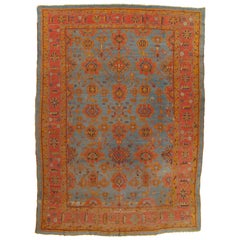 Antique Oushak Carpet, Handmade Oriental Rug Made in Turkey, Coral, Light Blue