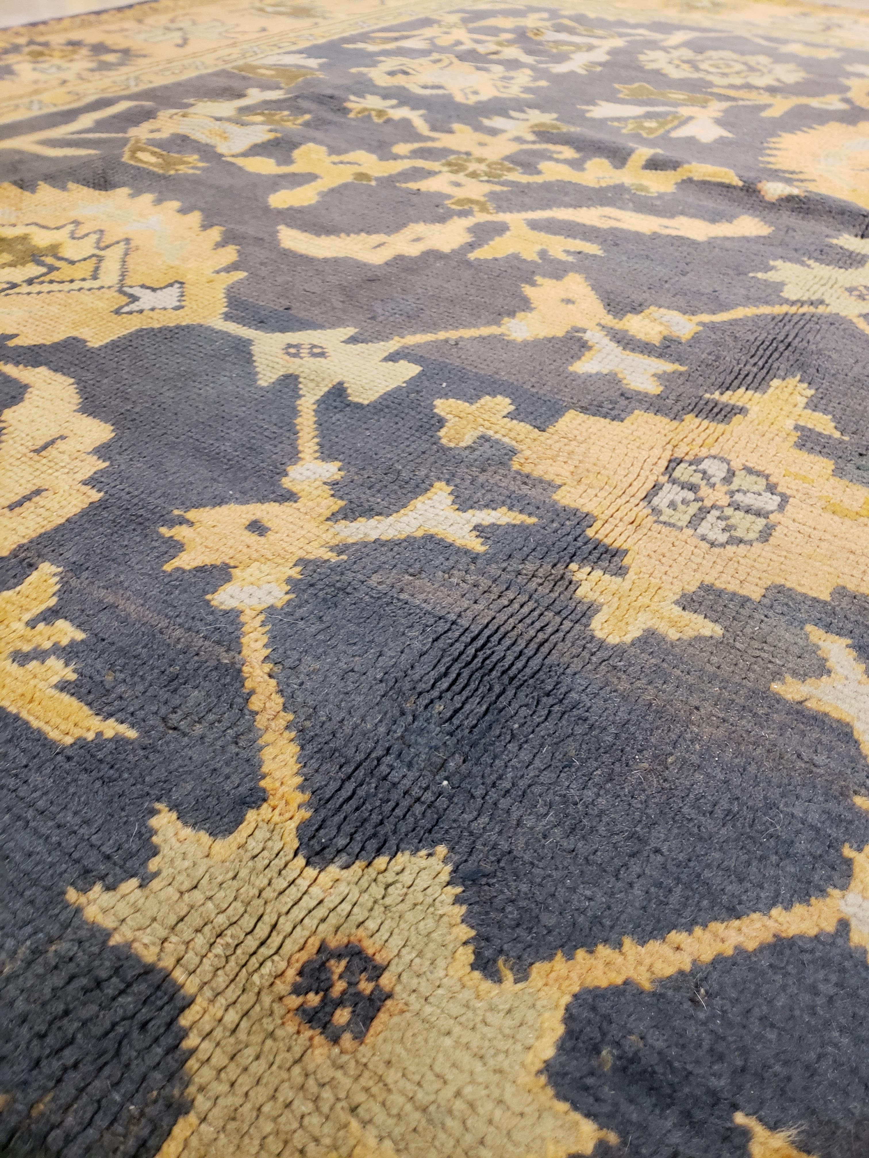 Antique Oushak Carpet, Handmade Oriental Rug Made in Turkey, Peach, Blue, Ivory For Sale 1