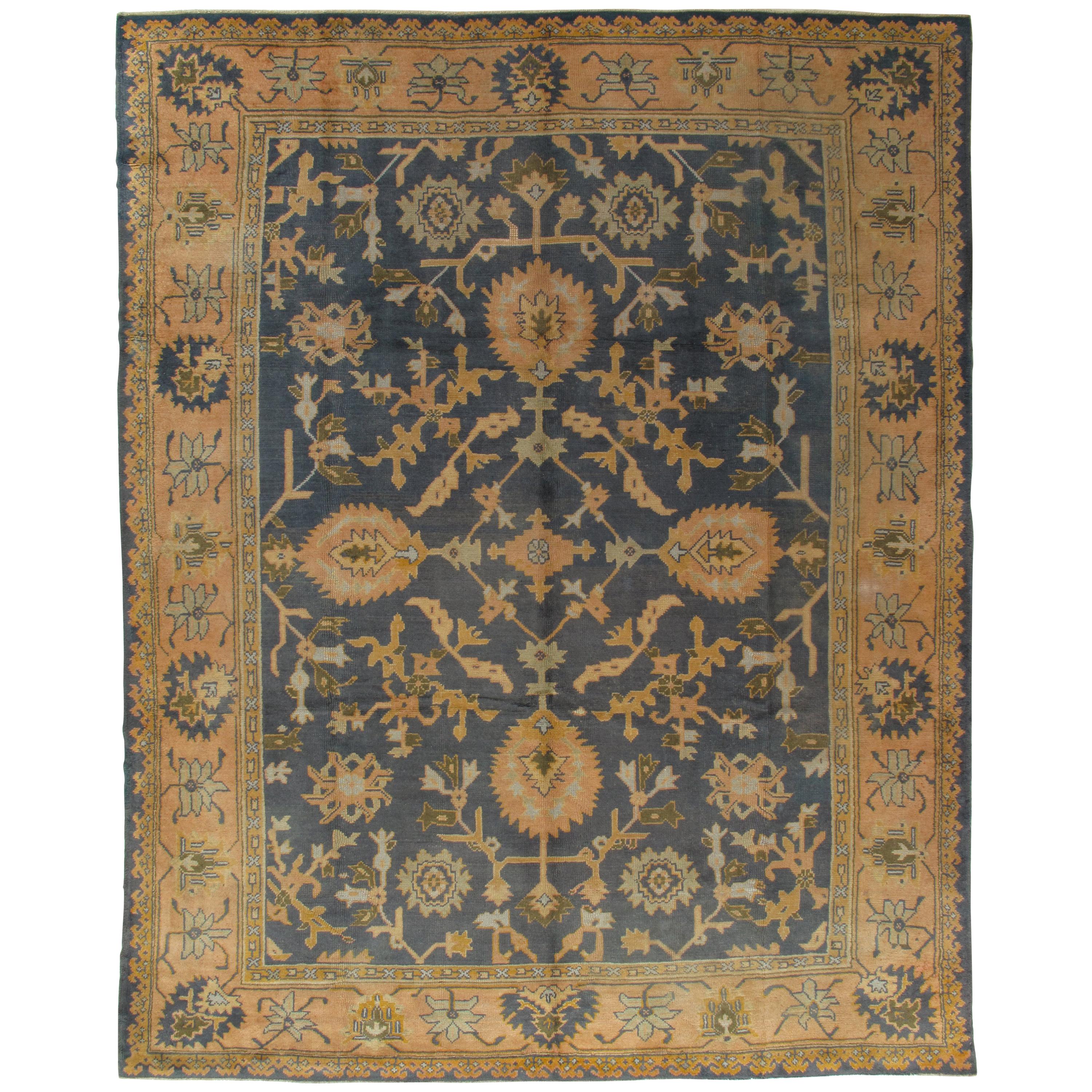 Antique Oushak Carpet, Handmade Oriental Rug Made in Turkey, Peach, Blue, Ivory