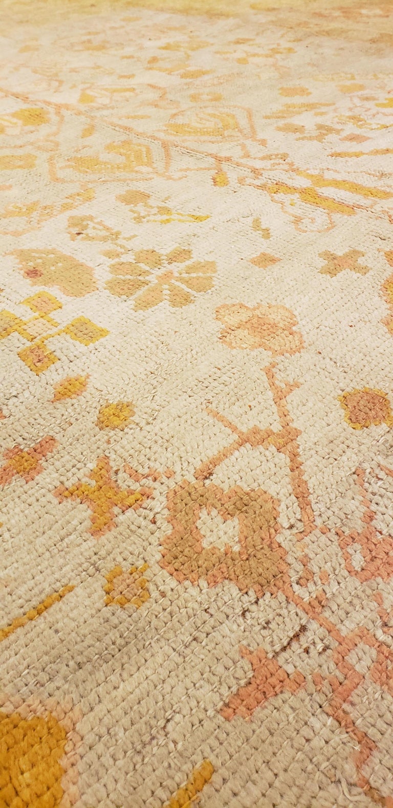 Antique Oushak Carpet, Handmade Oriental Rug, Pale Blue Green, Yellow