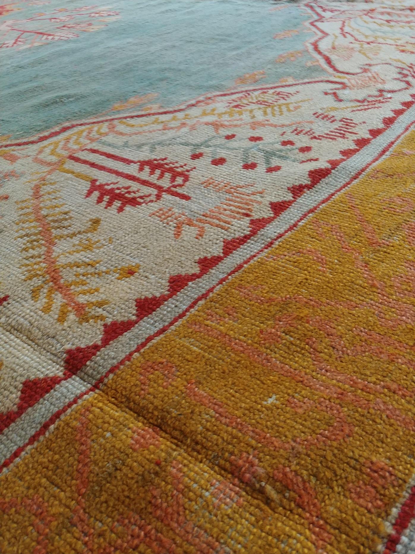 Antique Oushak Carpet, Handmade Oriental Rug, Pale Blue Green, Yellow, Coral Rug For Sale 2
