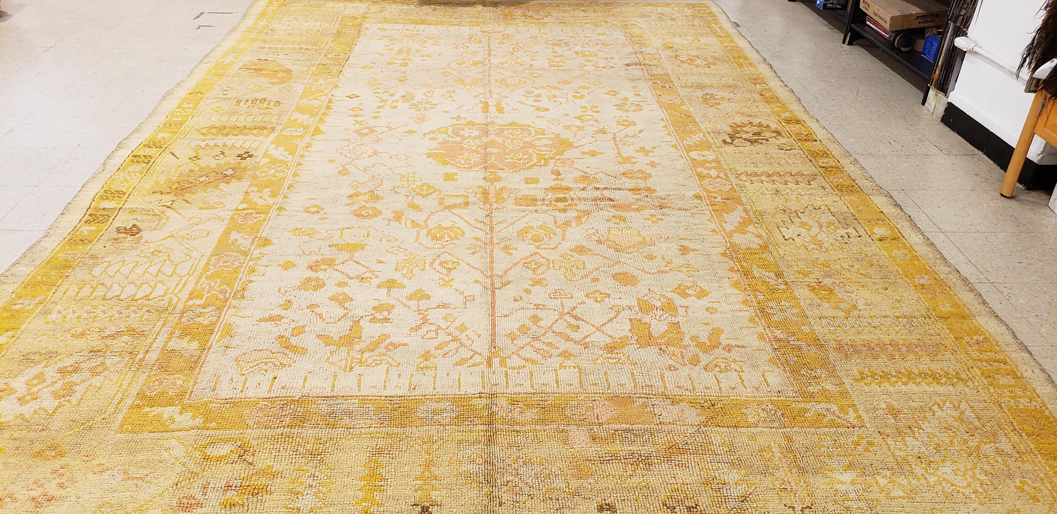 Antique Oushak Carpet, Handmade Oriental Rug, Pale Blue Green, Yellow, Coral Rug For Sale 7