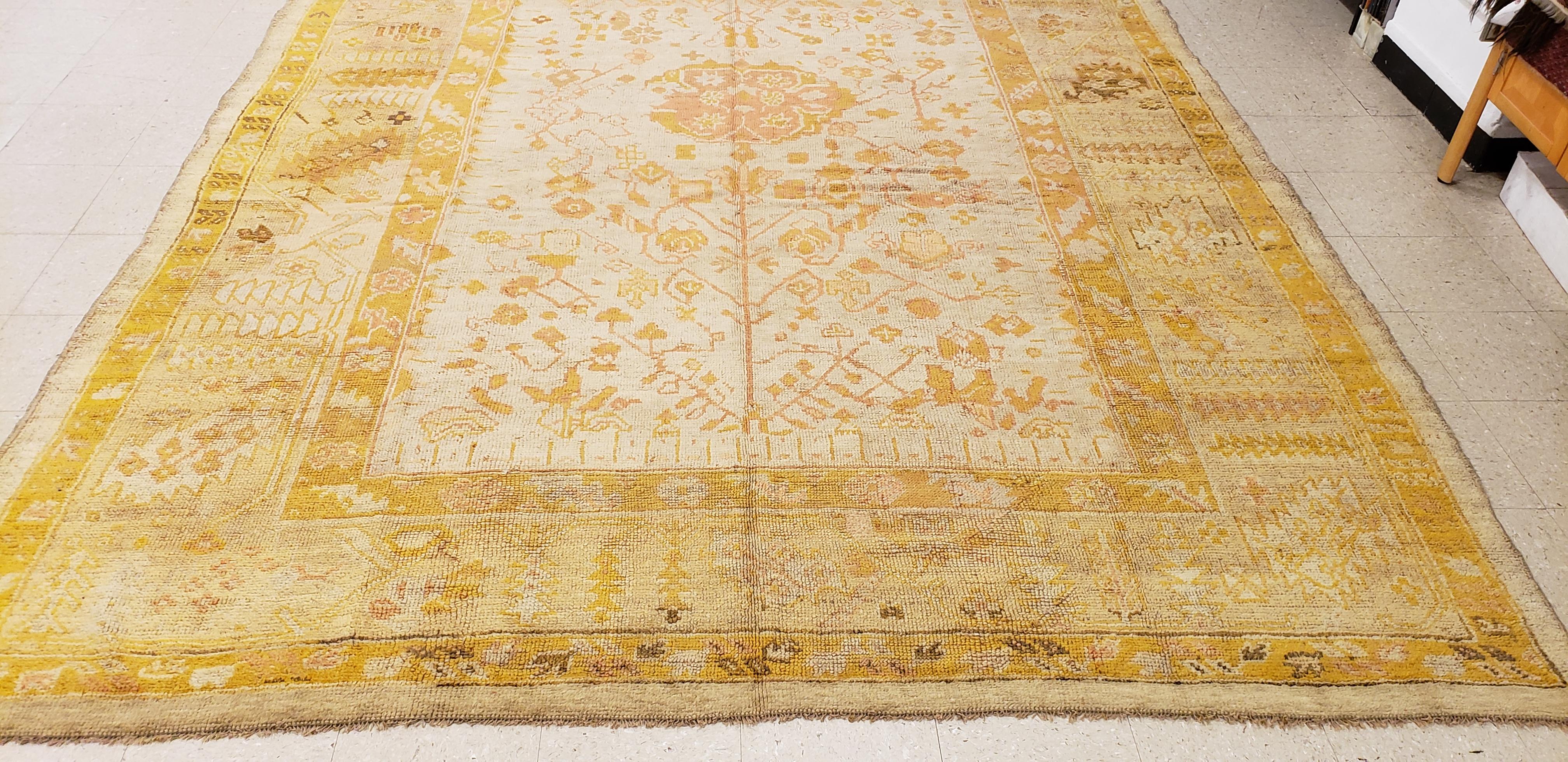 Antique Oushak Carpet, Handmade Oriental Rug, Pale Blue Green, Yellow, Coral Rug For Sale 8