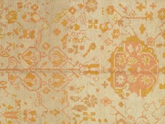 Antique Oushak Carpet, Handmade Oriental Rug, Pale Blue Green, Yellow, Coral Rug