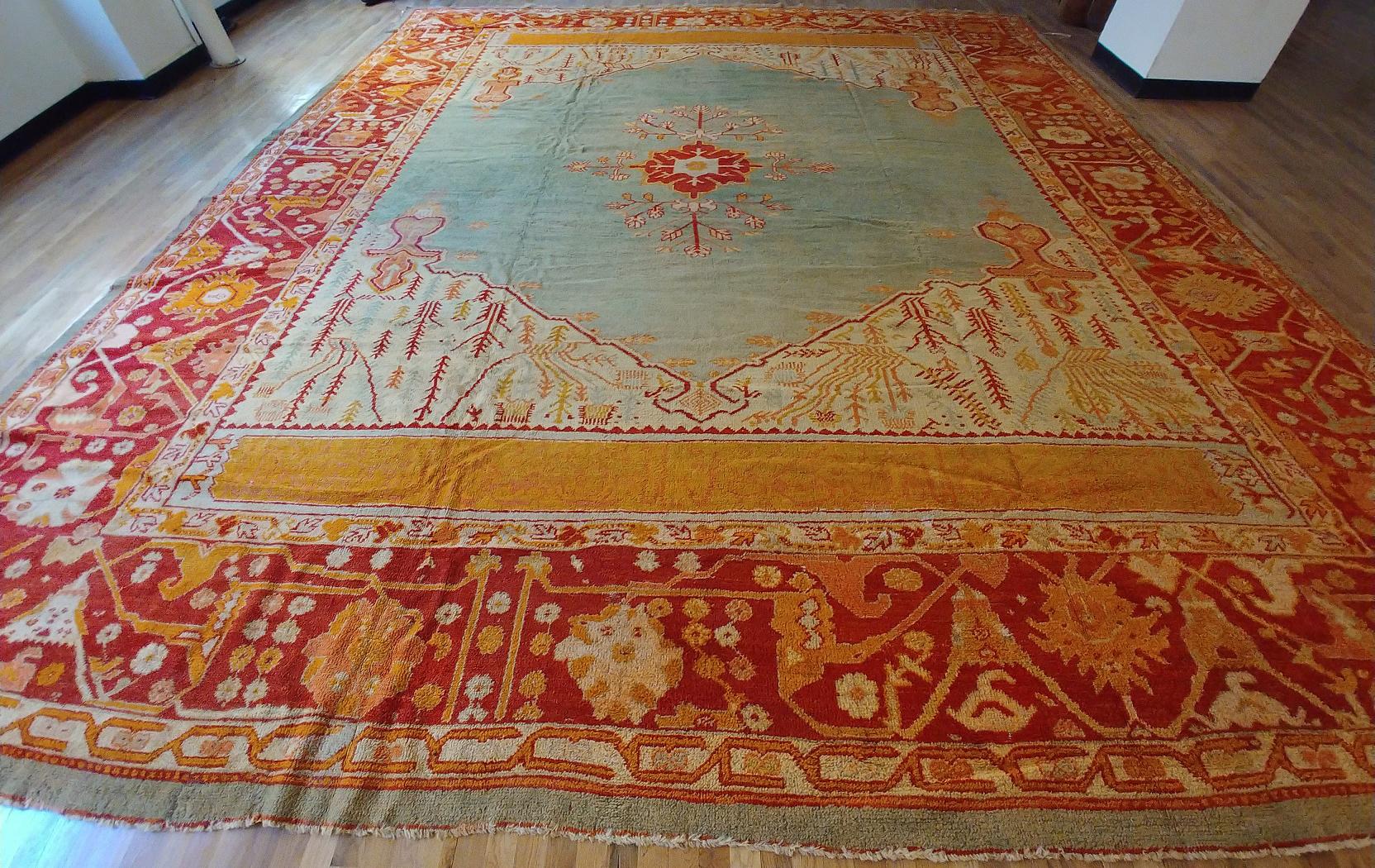 Late 19th Century Antique Oushak Carpet, Handmade Oriental Rug, Pale Blue Green, Yellow, Coral Rug For Sale