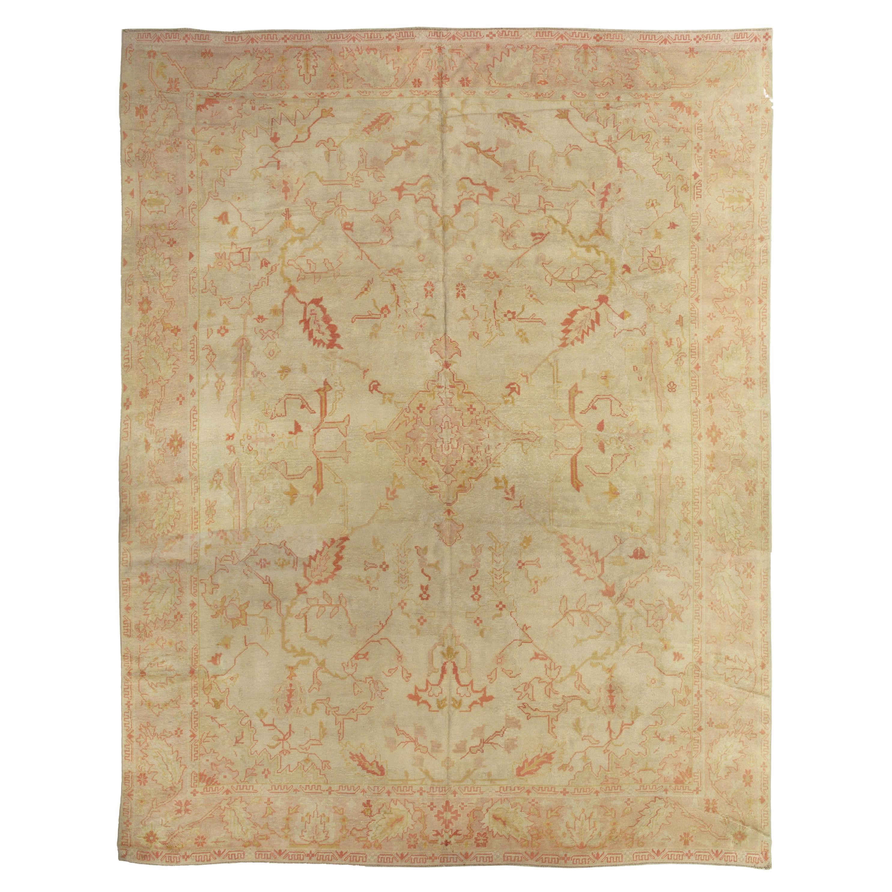 Antique Oushak Carpet, Handmade Oriental Rug, Pale Blue Green, Yellow