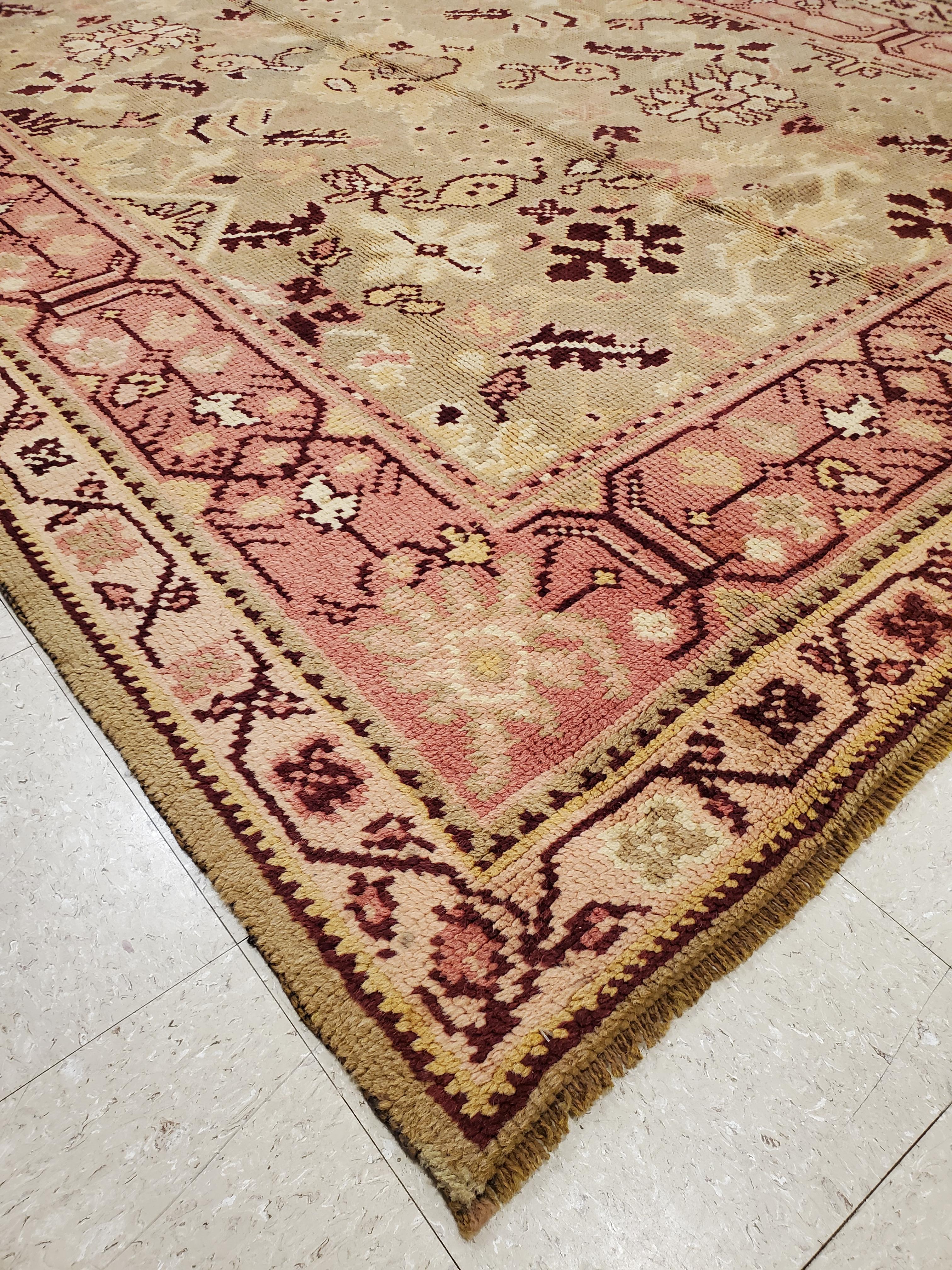 Antique Oushak Carpet, Handmade Oriental Rug, Pale Green, Coral, Taupe and Cream For Sale 3