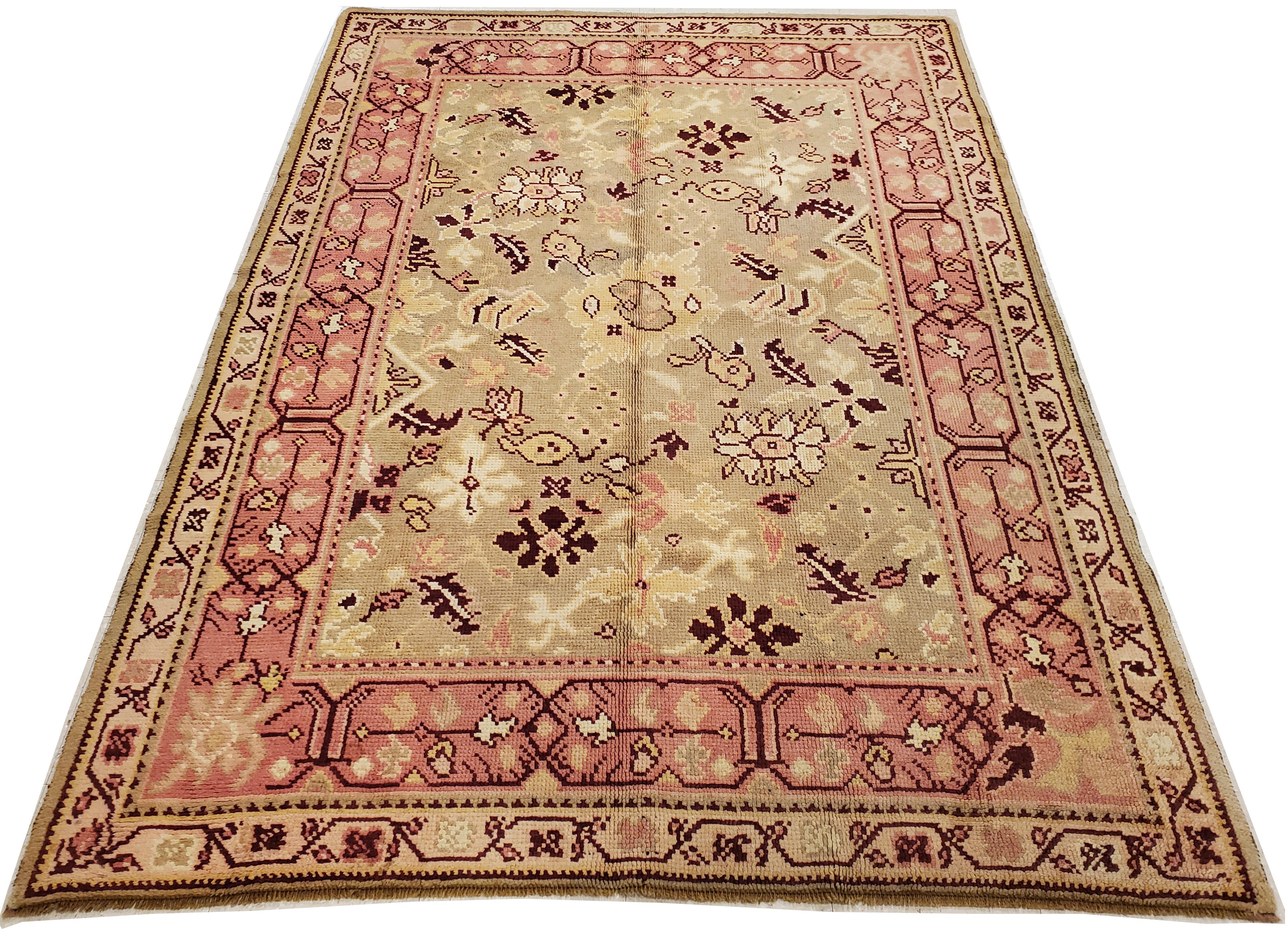 Antique Oushak Carpet, Handmade Oriental Rug, Pale Green, Coral, Taupe and Cream For Sale 4