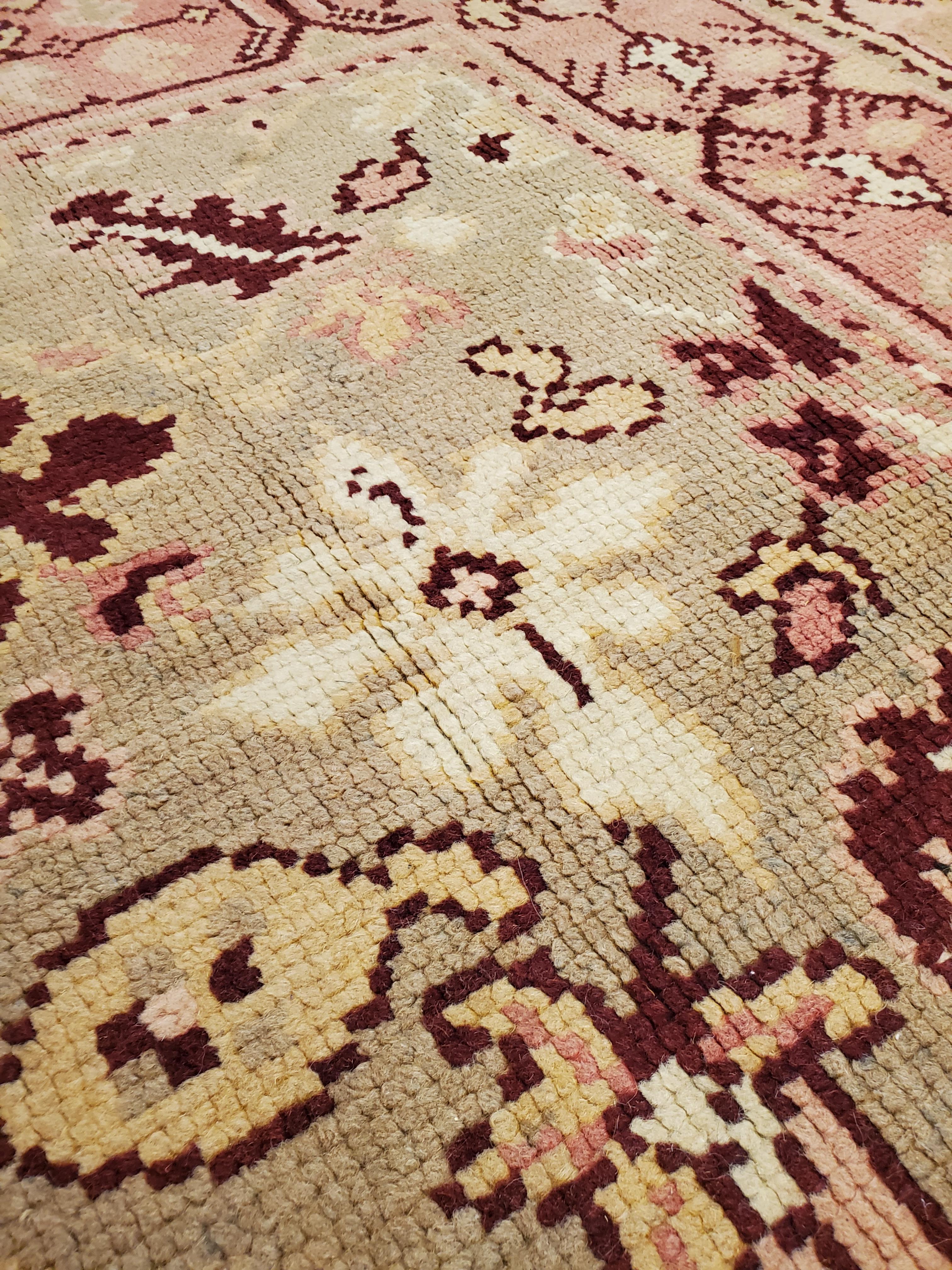 20th Century Antique Oushak Carpet, Handmade Oriental Rug, Pale Green, Coral, Taupe and Cream For Sale