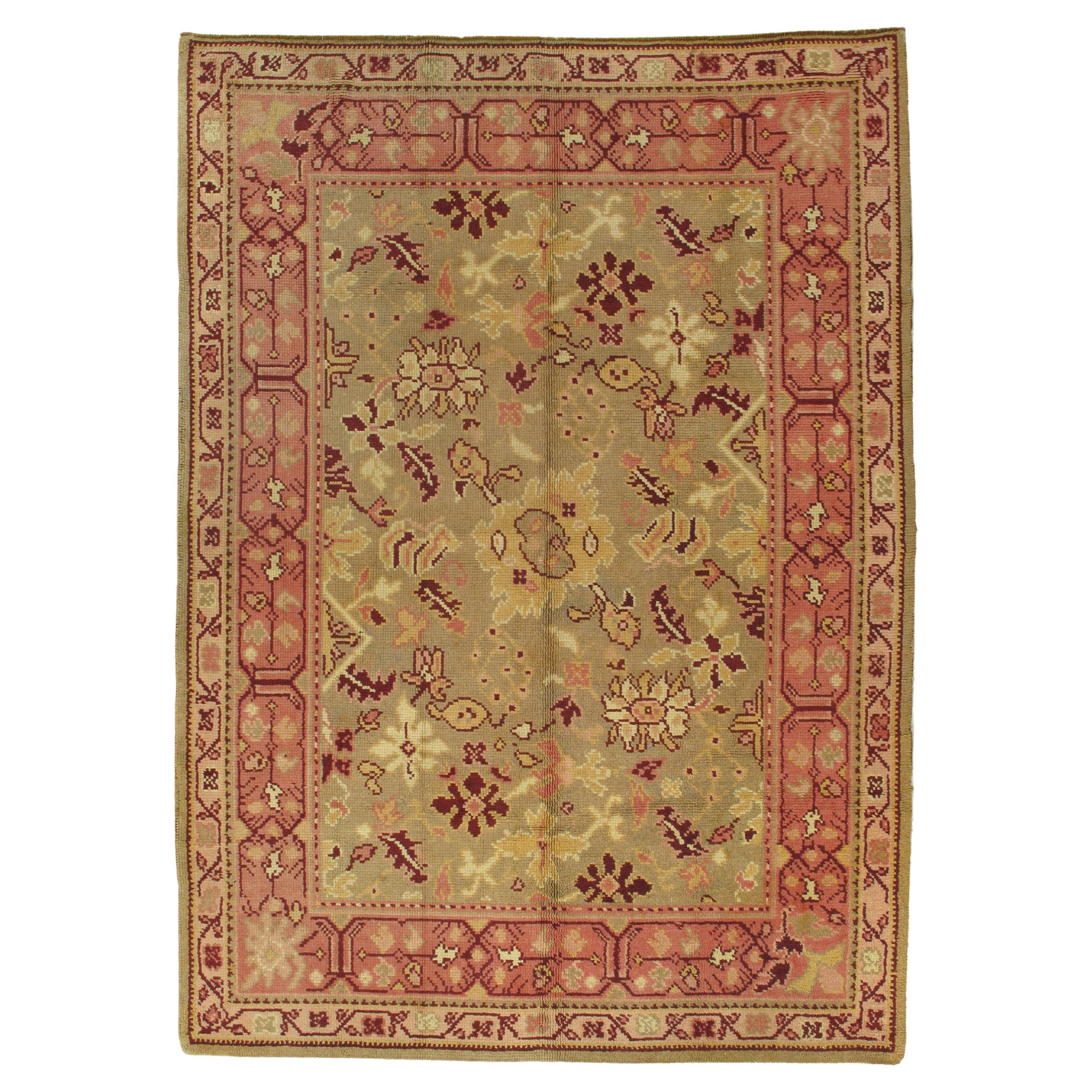 Antique Oushak Carpet, Handmade Oriental Rug, Pale Green, Coral, Taupe and Cream For Sale