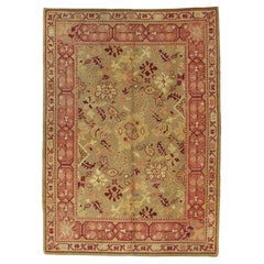 Antique Oushak Carpet, Handmade Oriental Rug, Pale Green, Coral, Taupe and Cream