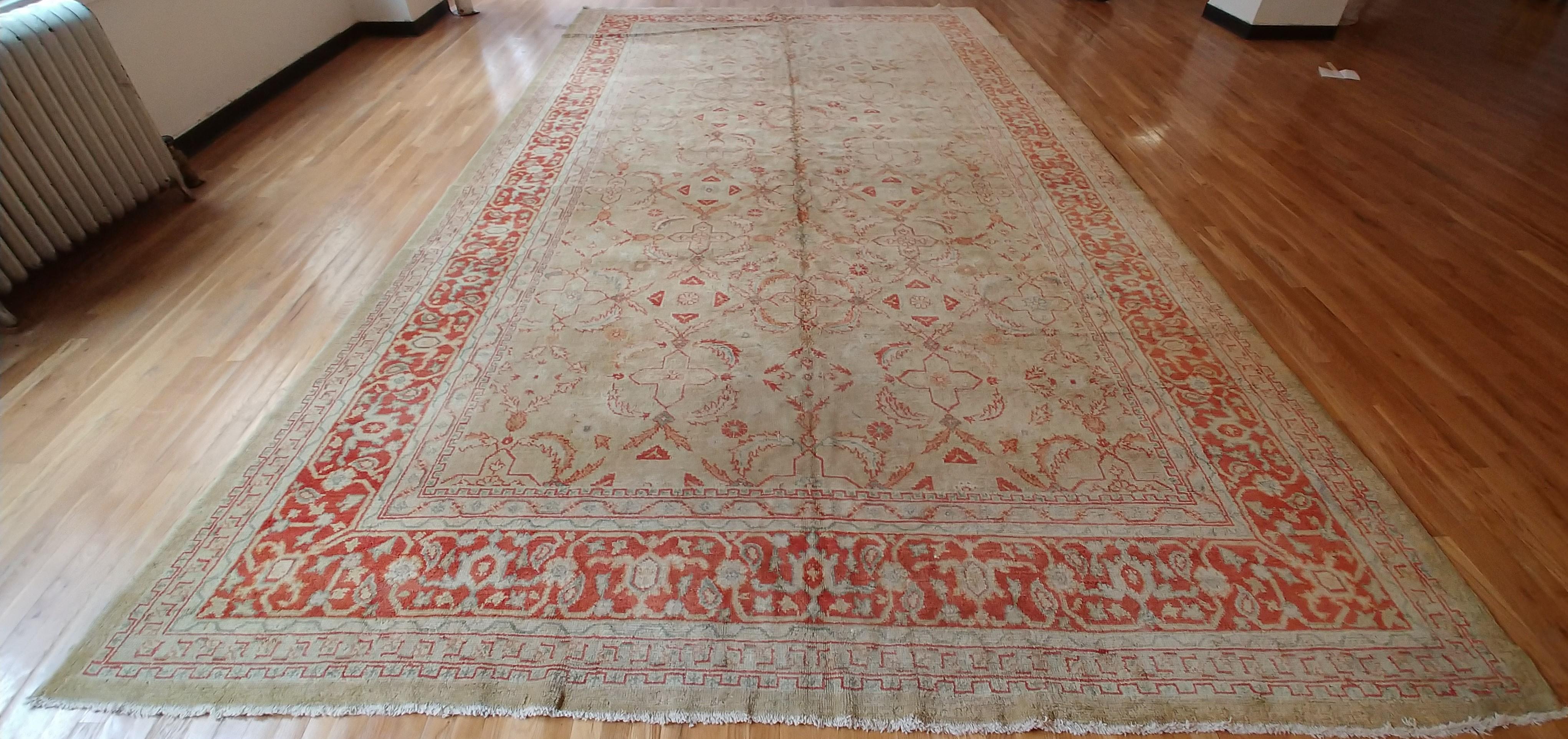 Turkish Antique Oushak Carpet Handmade Oriental Rug, Pale Green Coral, Taupe, Cream Fine For Sale