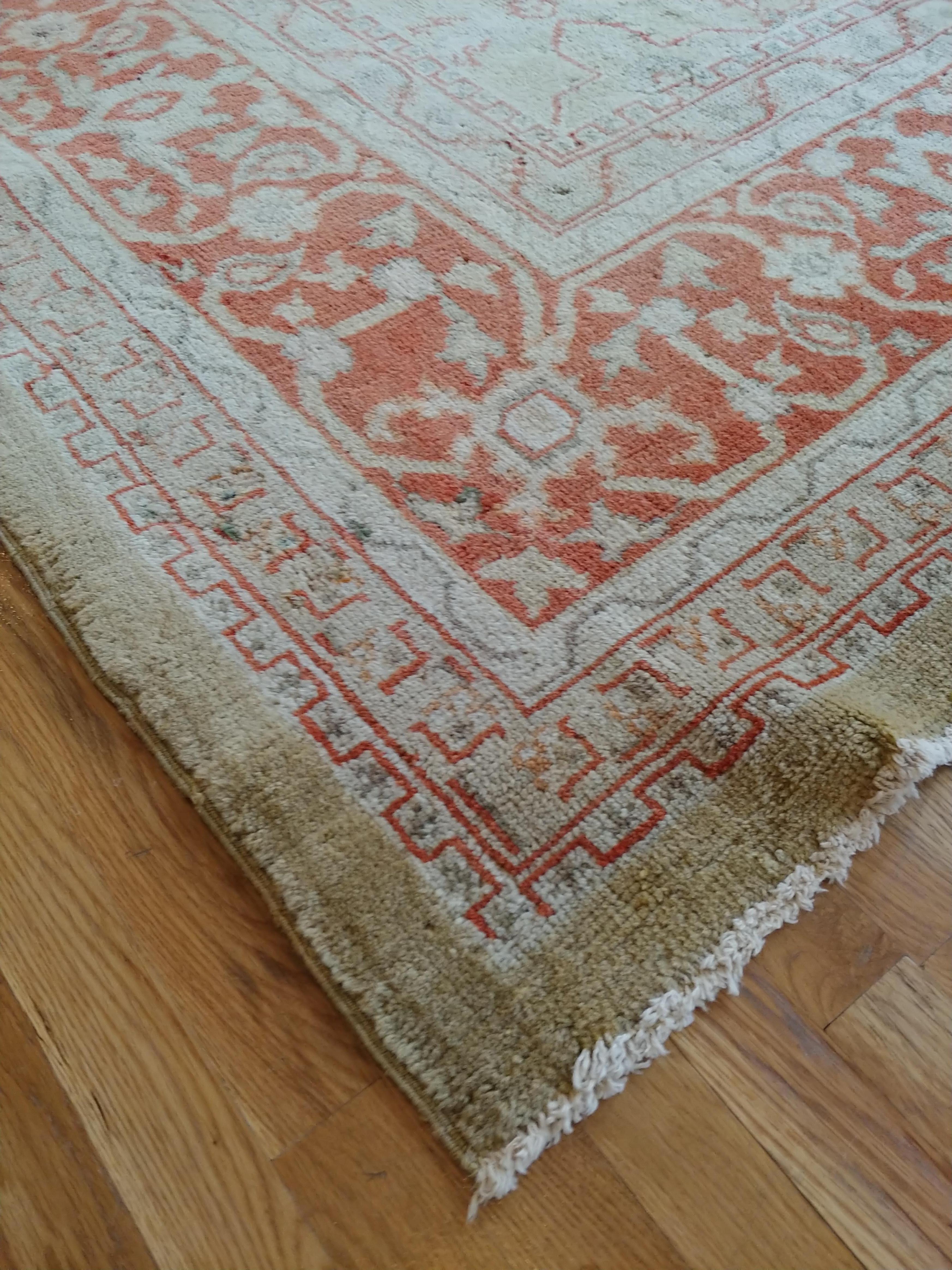 Antique Oushak Carpet Handmade Oriental Rug, Pale Green Coral, Taupe, Cream Fine In Good Condition For Sale In Port Washington, NY