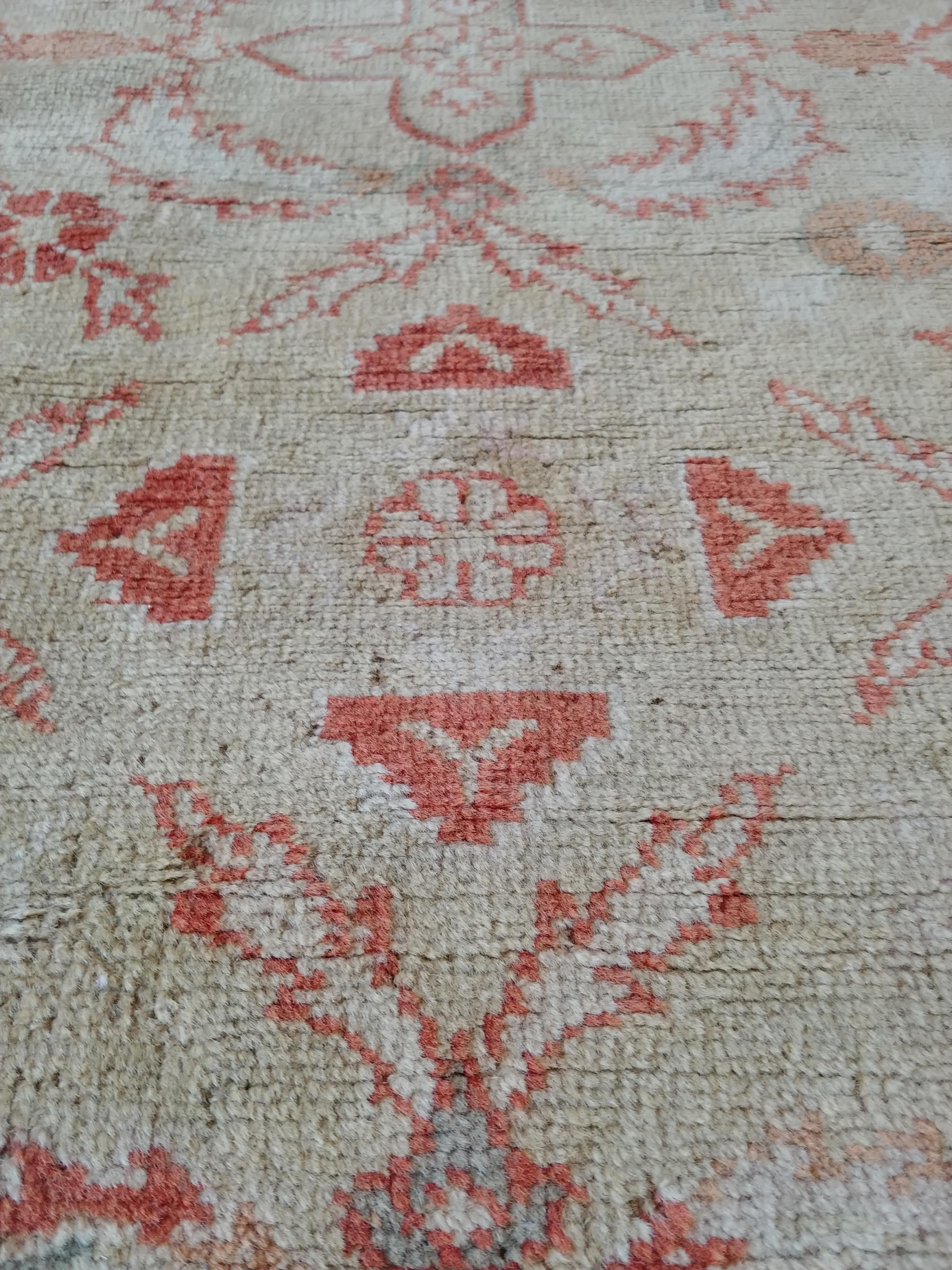 Wool Antique Oushak Carpet Handmade Oriental Rug, Pale Green Coral, Taupe, Cream Fine For Sale