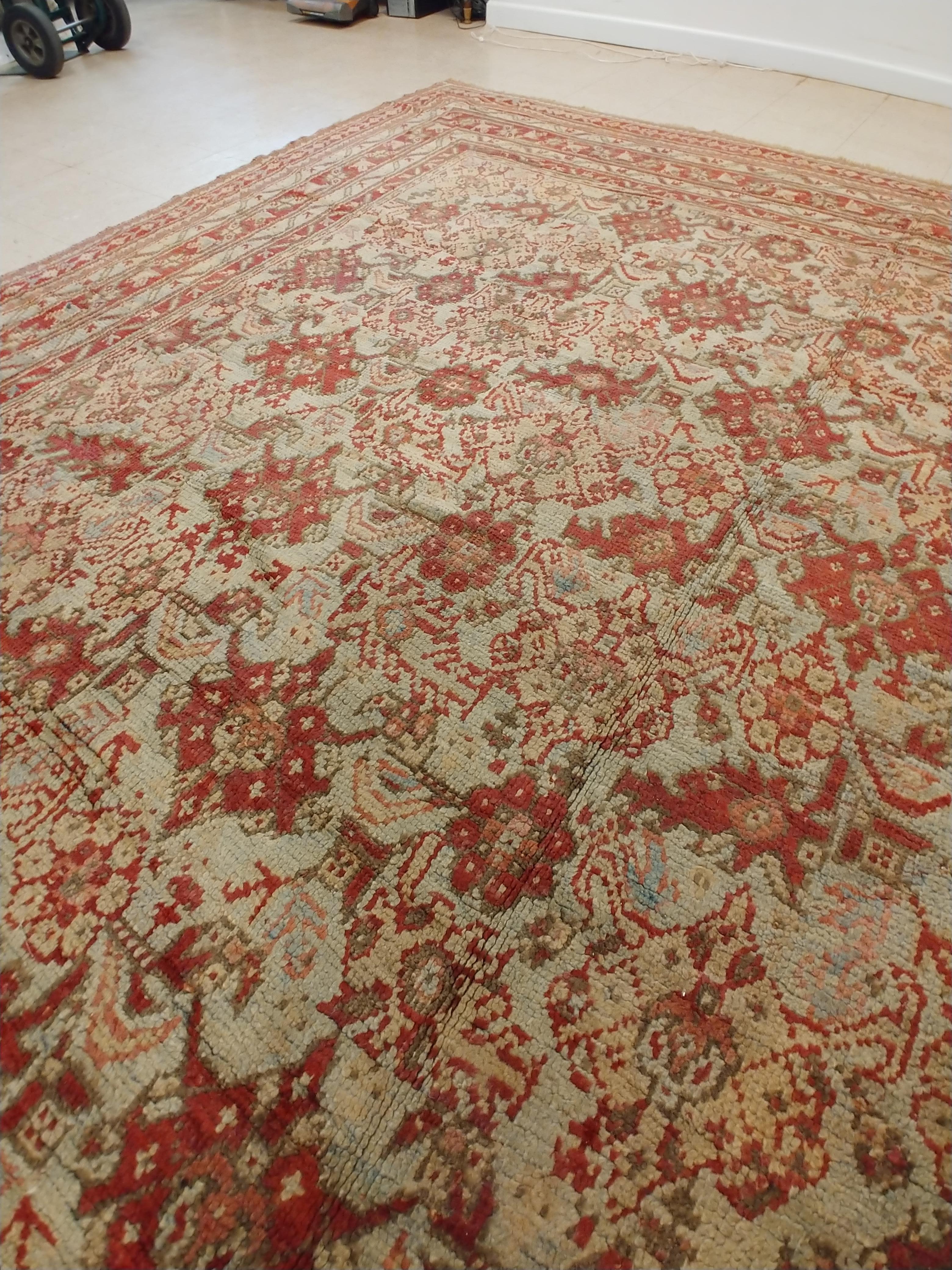 Antique Oushak Carpet, Handmade Oriental Rug, Pale Light Blue, Coral, Raspberry For Sale 2