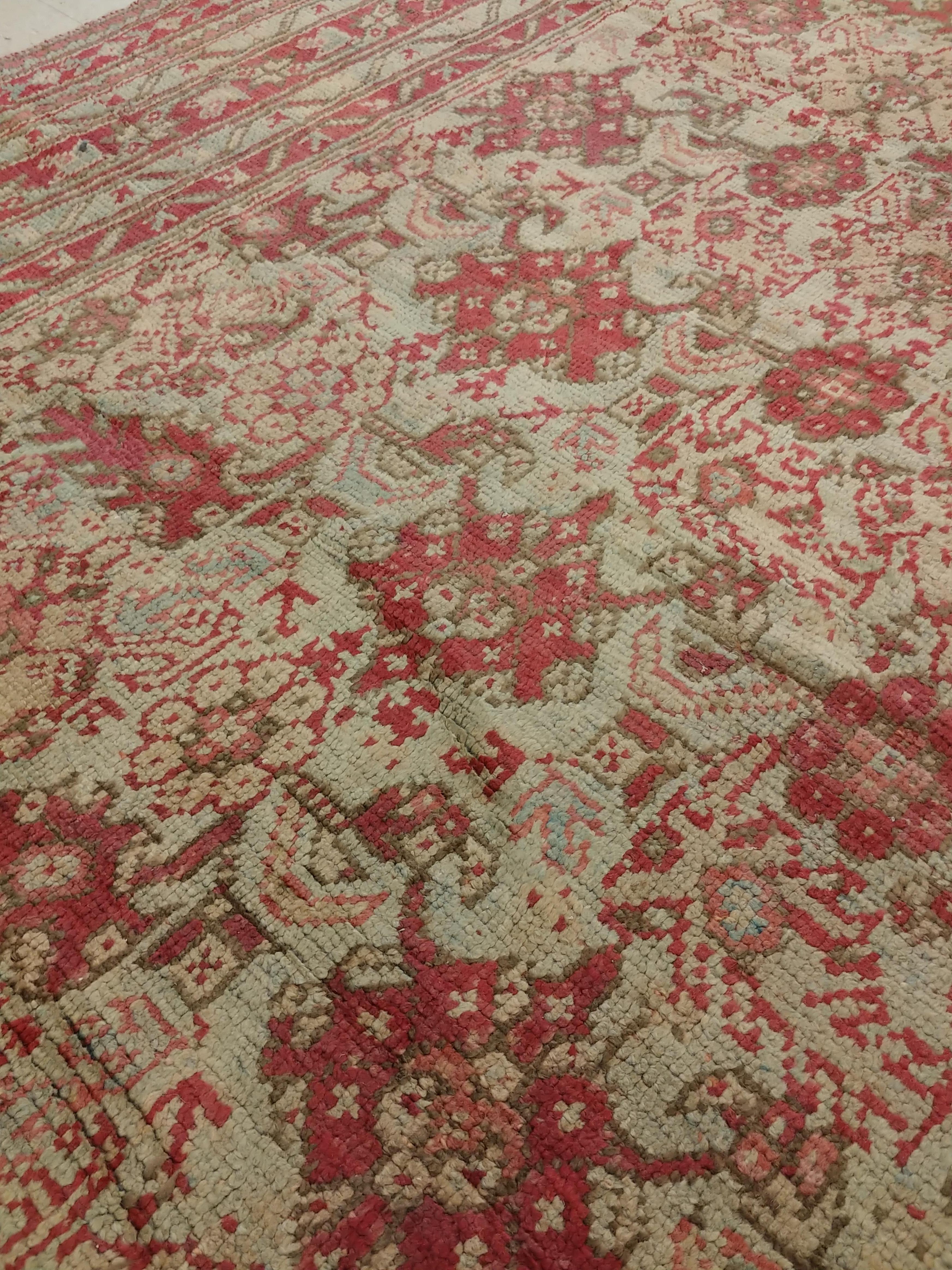 Antique Oushak Carpet, Handmade Oriental Rug, Pale Light Blue, Coral, Raspberry For Sale 3