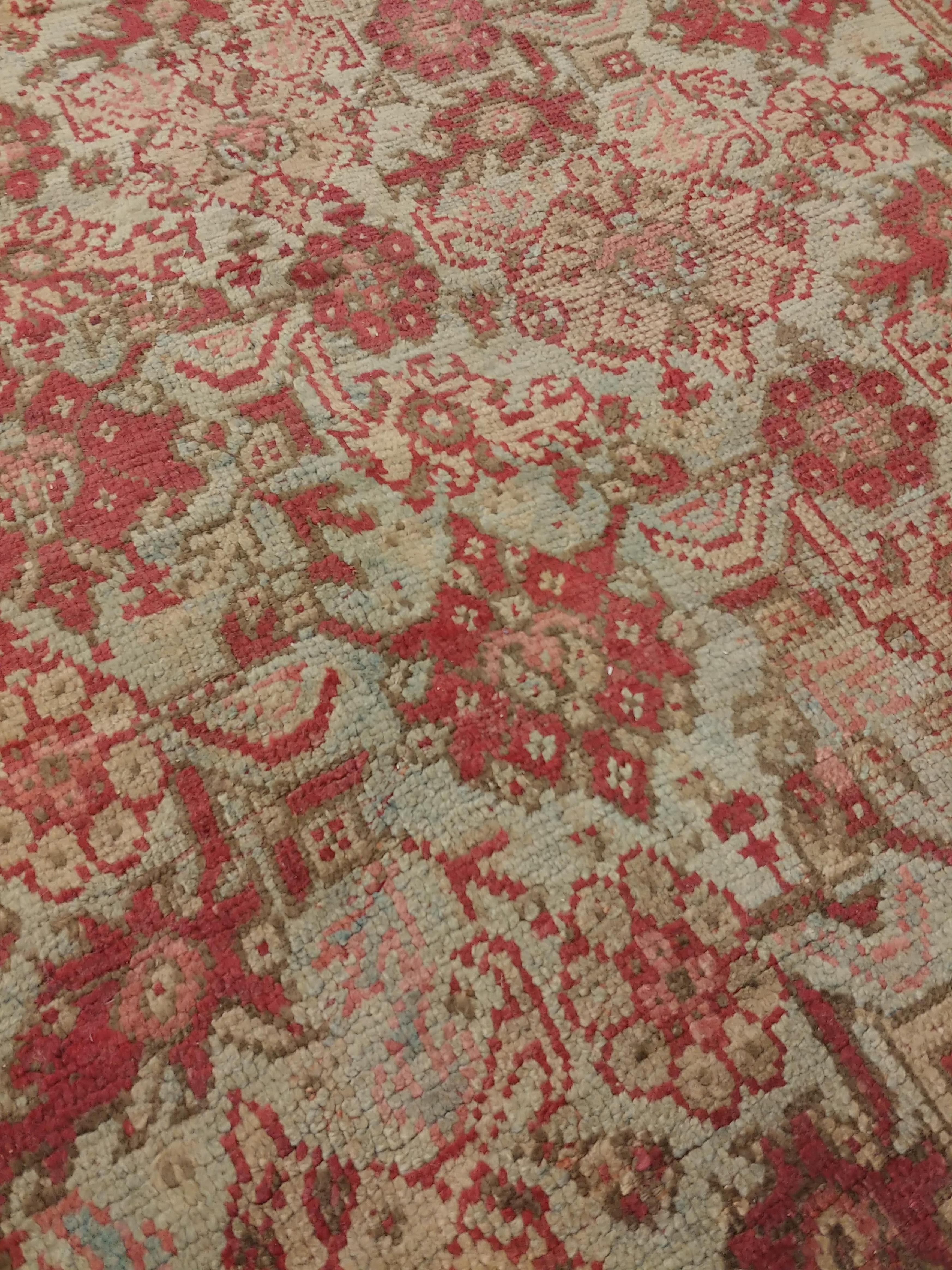 Antique Oushak Carpet, Handmade Oriental Rug, Pale Light Blue, Coral, Raspberry For Sale 4