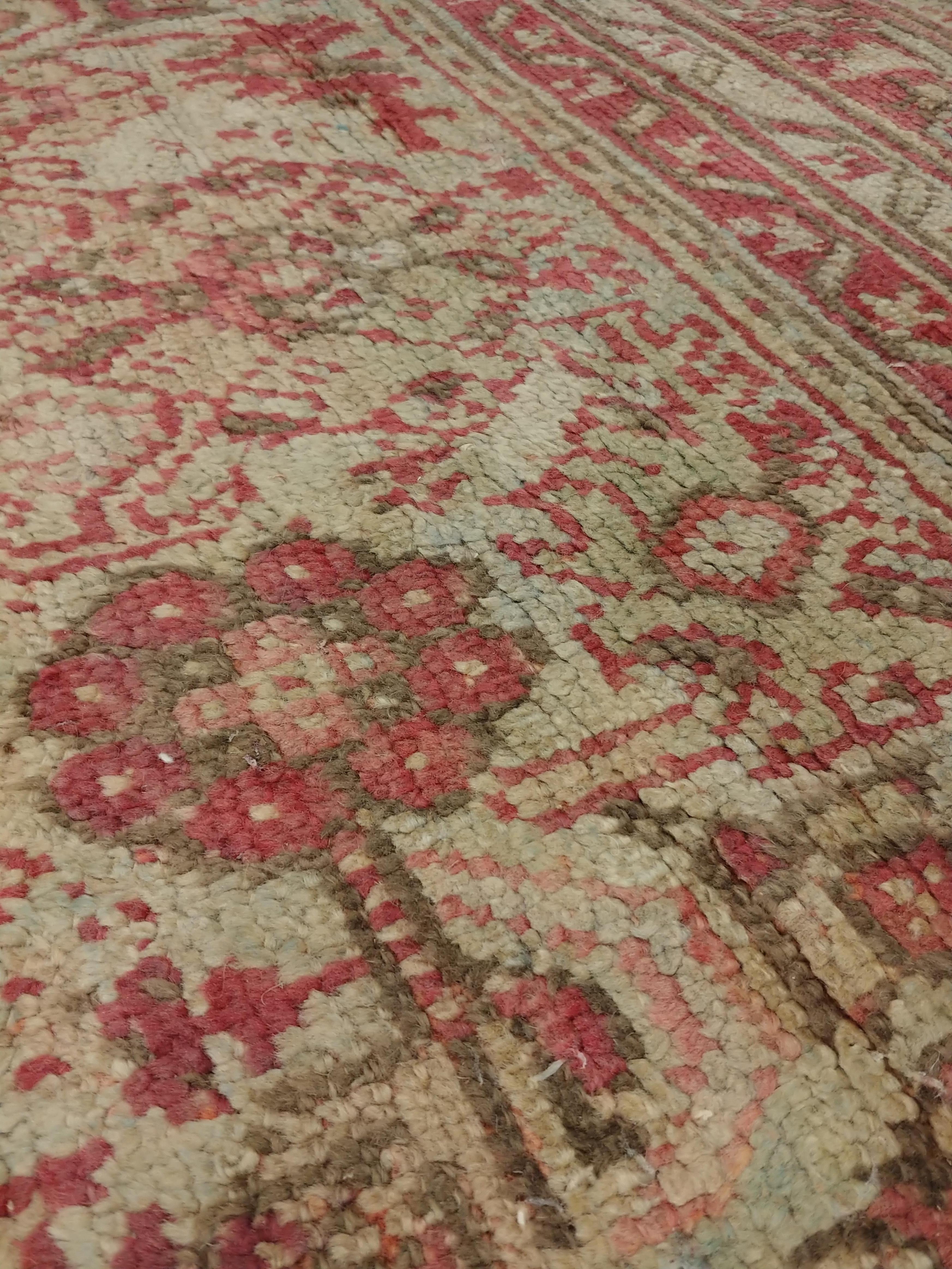 Antique Oushak Carpet, Handmade Oriental Rug, Pale Light Blue, Coral, Raspberry For Sale 5