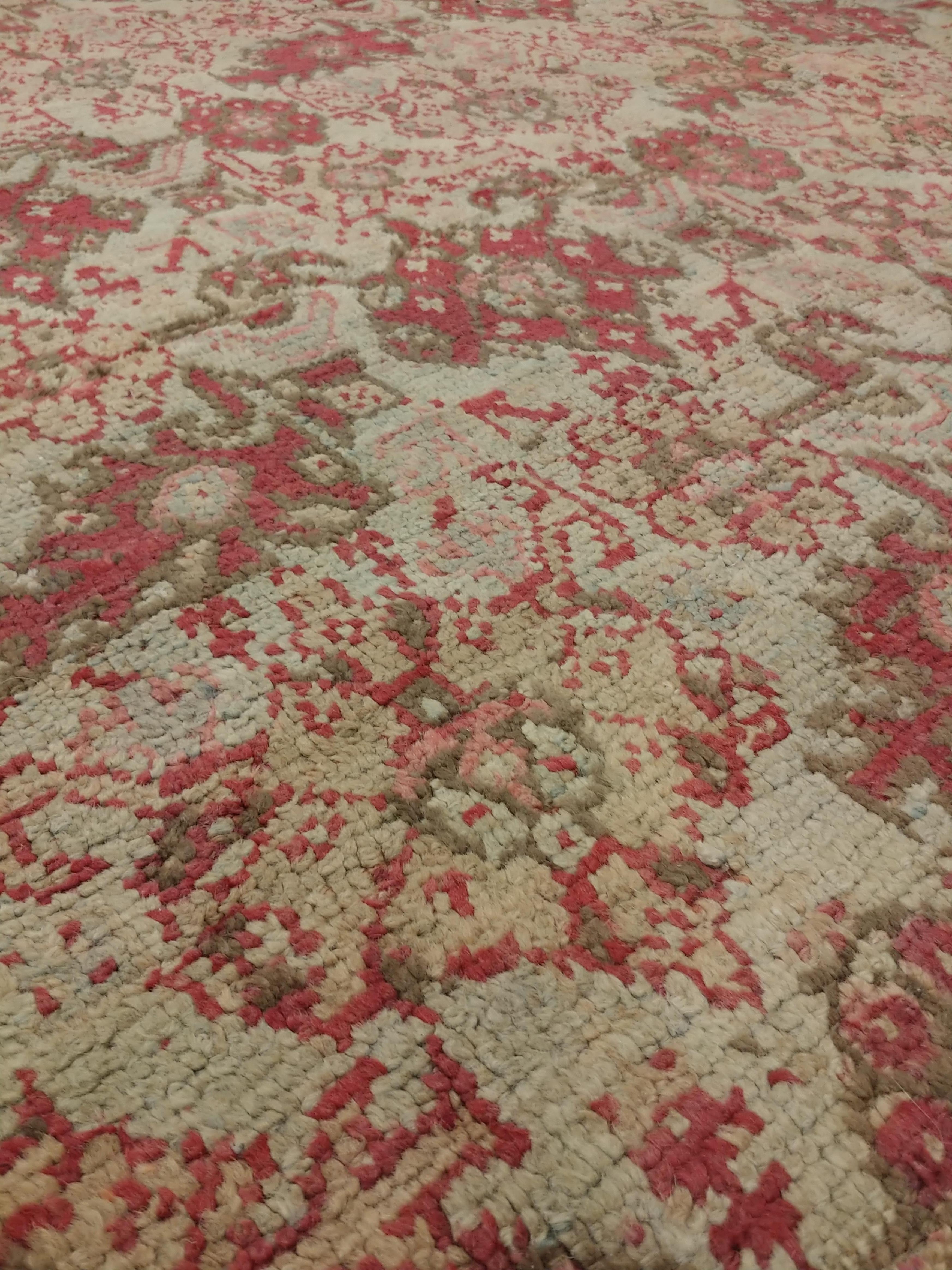 Antique Oushak Carpet, Handmade Oriental Rug, Pale Light Blue, Coral, Raspberry For Sale 6