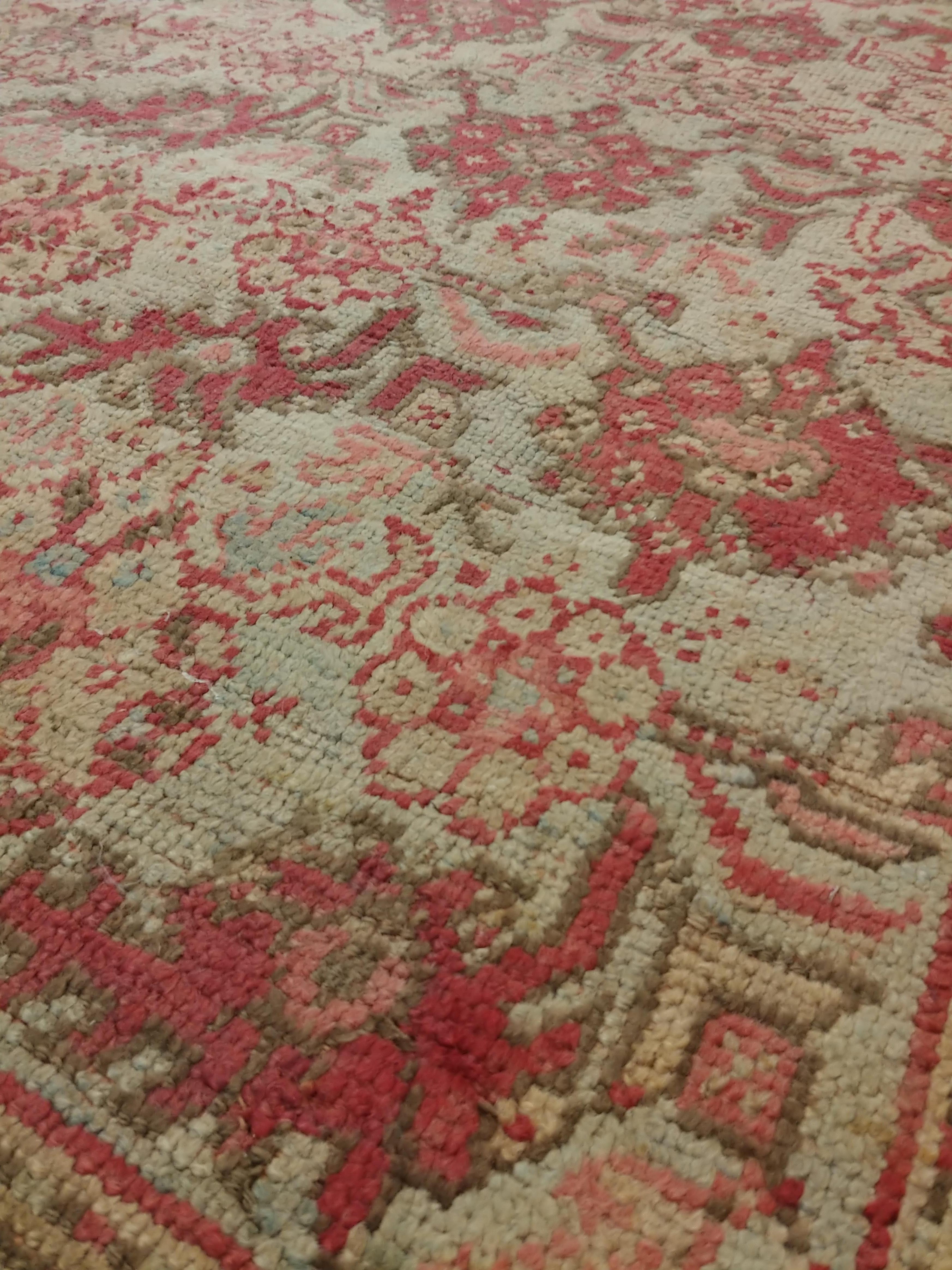 Antique Oushak Carpet, Handmade Oriental Rug, Pale Light Blue, Coral, Raspberry For Sale 7