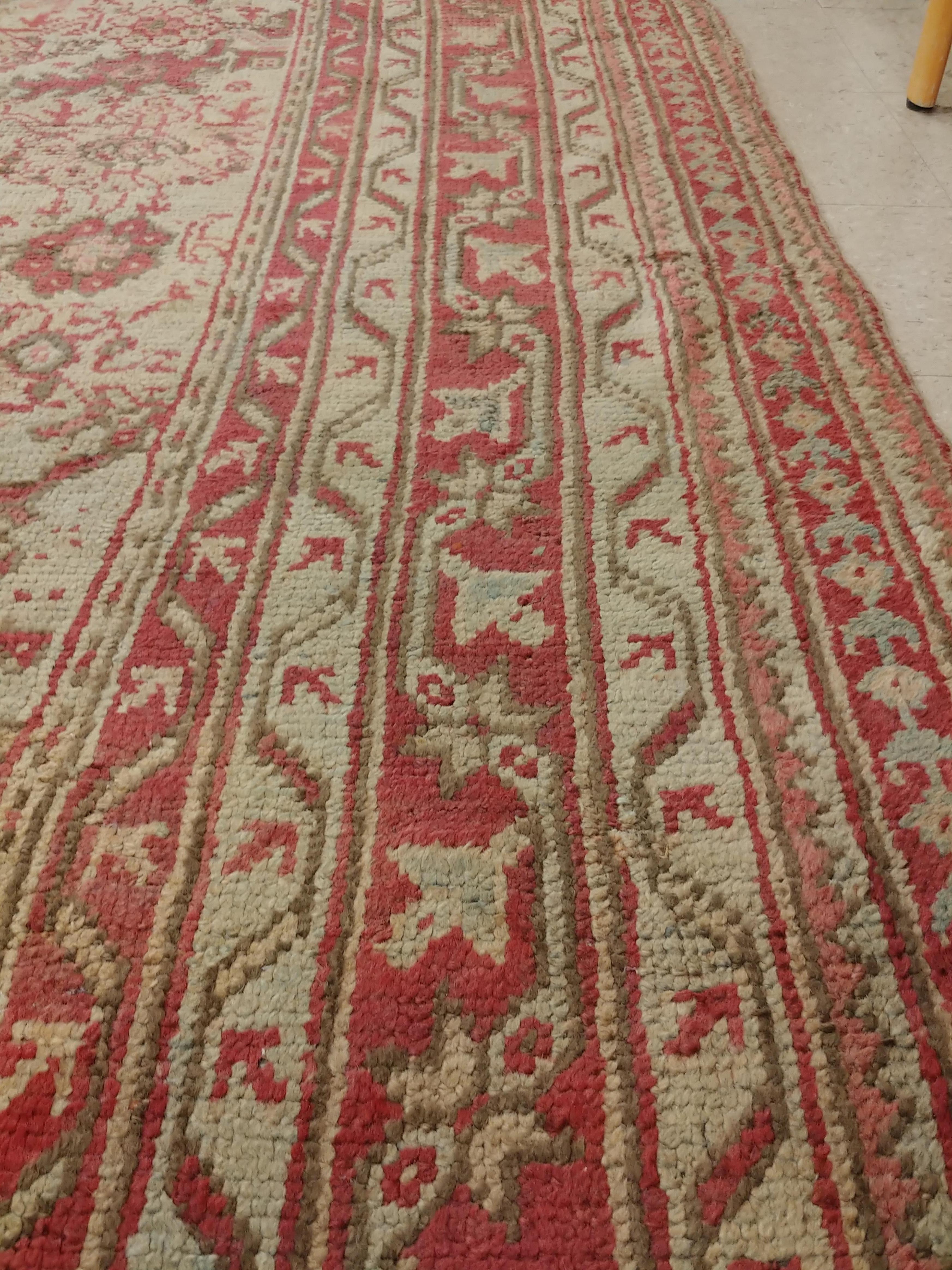 Antique Oushak Carpet, Handmade Oriental Rug, Pale Light Blue, Coral, Raspberry For Sale 8