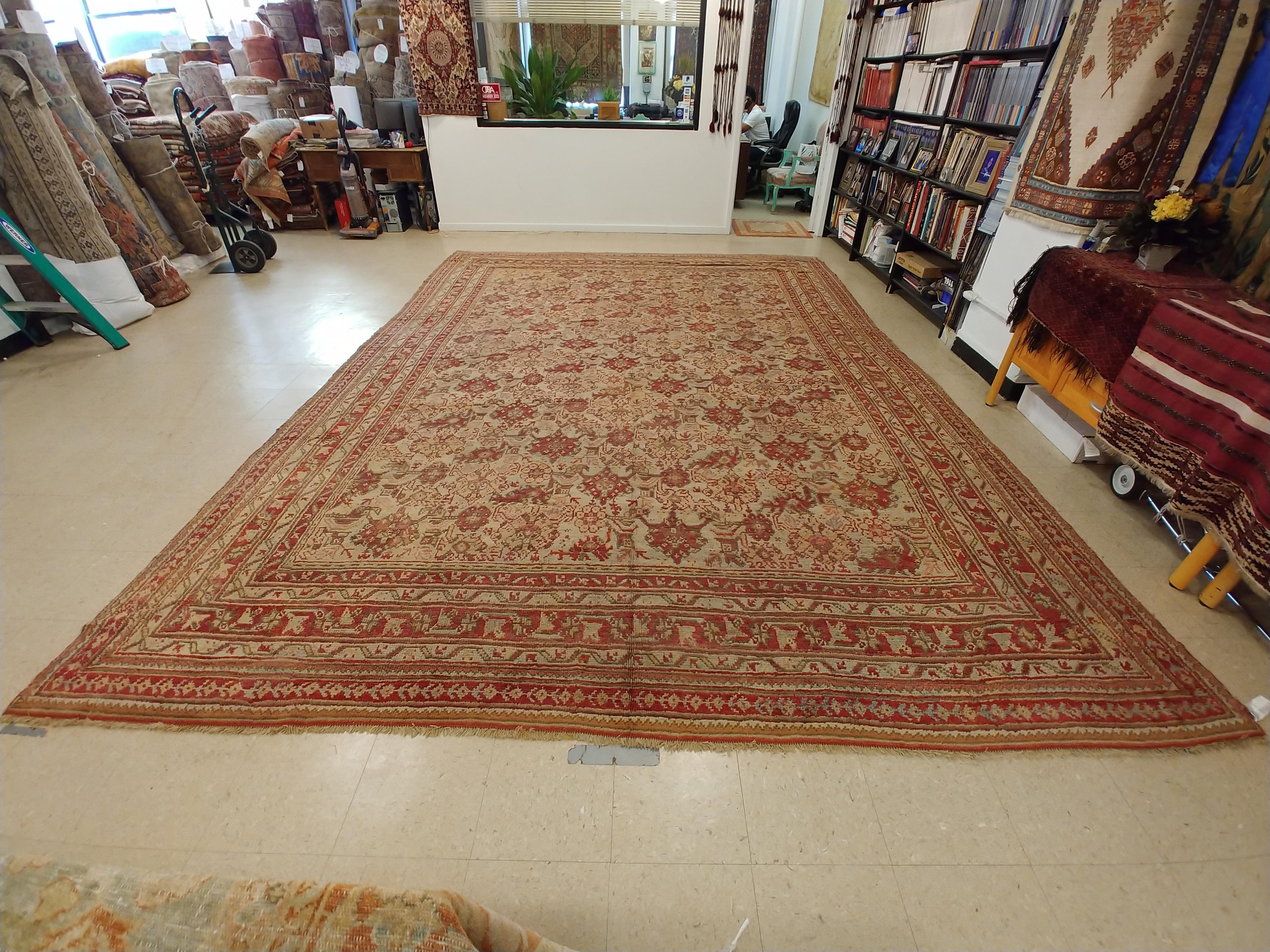 Antique Oushak Carpet, Handmade Oriental Rug, Pale Light Blue, Coral, Raspberry For Sale 9