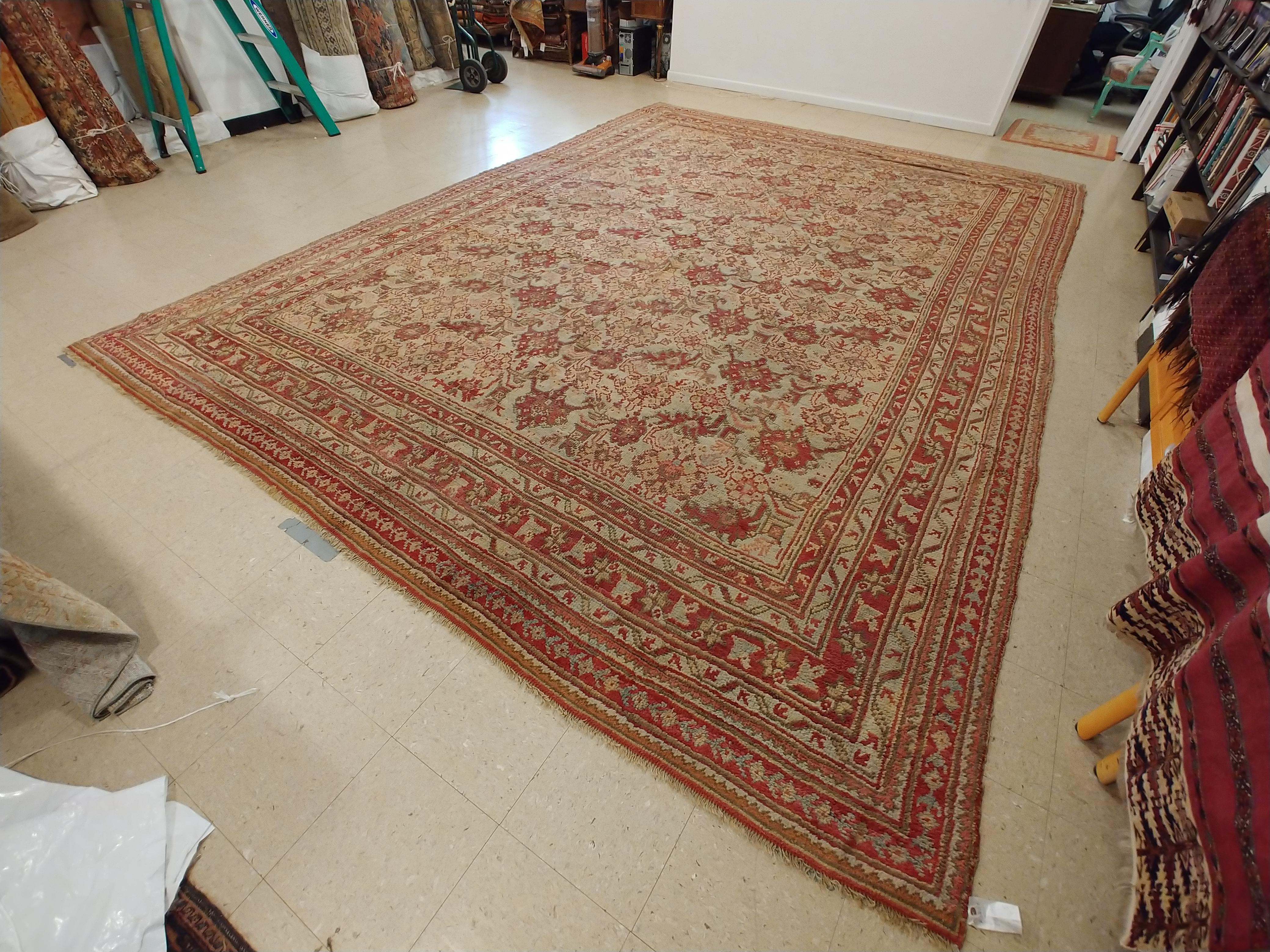 Antique Oushak Carpet, Handmade Oriental Rug, Pale Light Blue, Coral, Raspberry For Sale 10