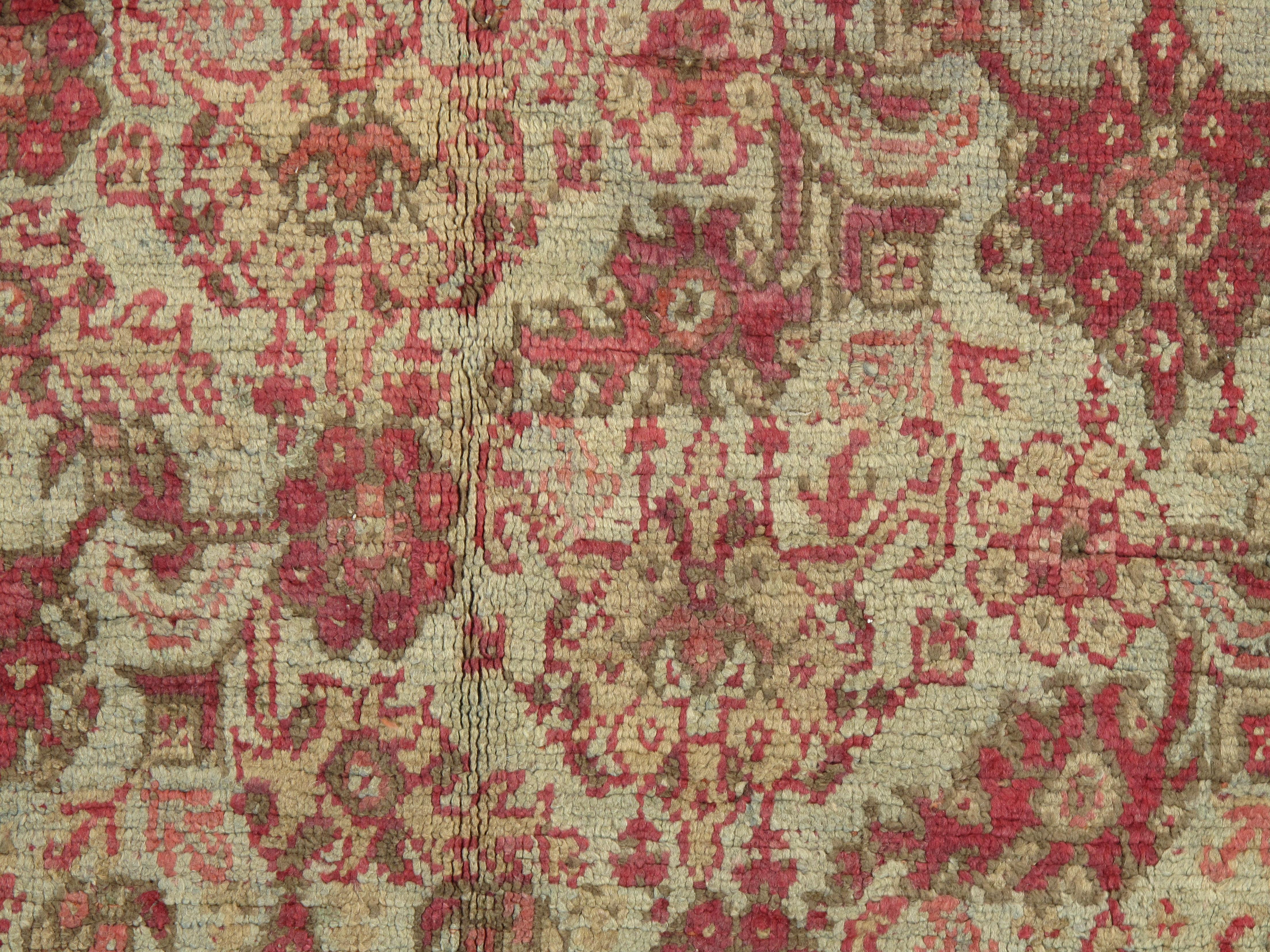 Turkish Antique Oushak Carpet, Handmade Oriental Rug, Pale Light Blue, Coral, Raspberry For Sale