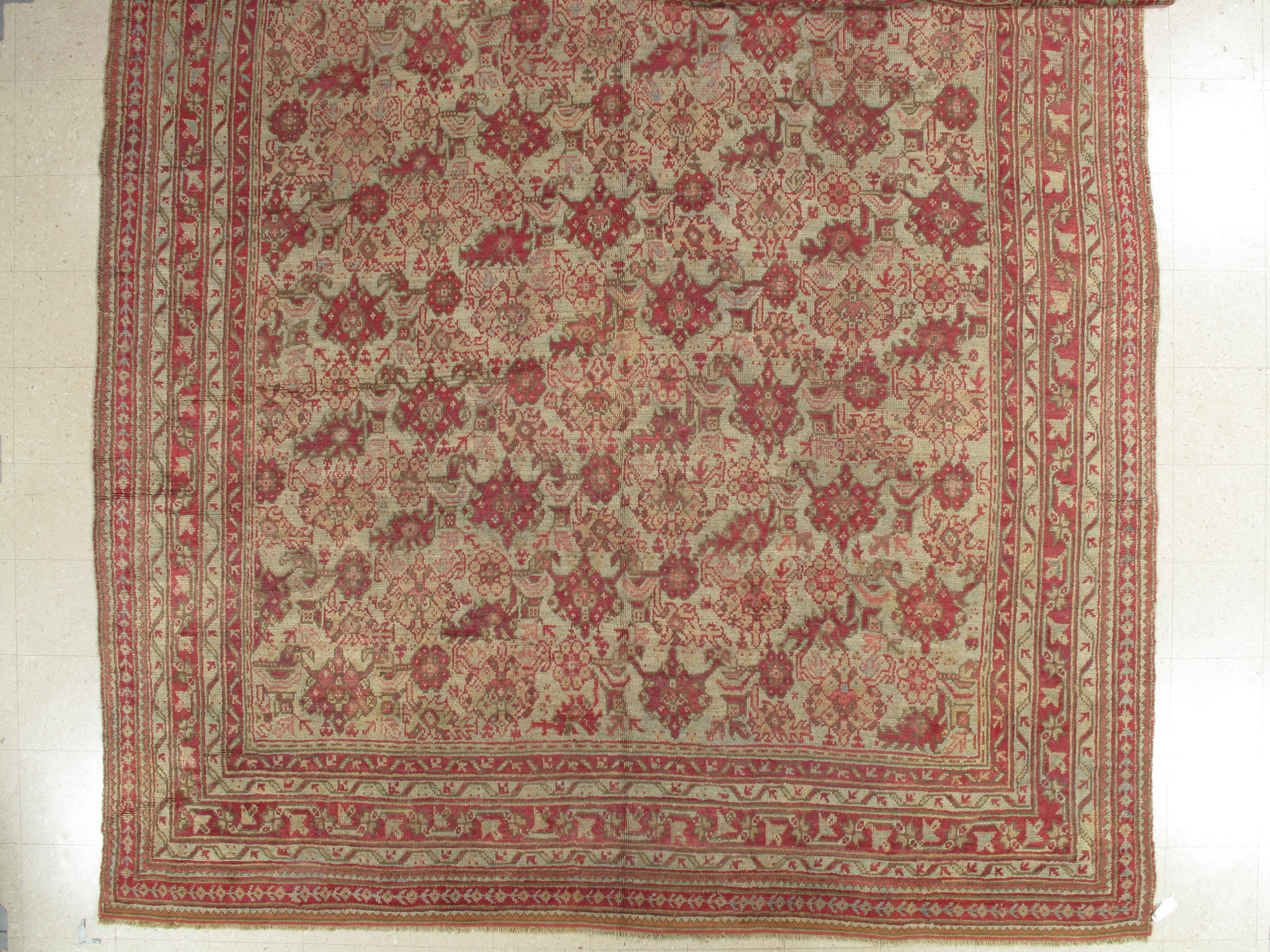 Hand-Knotted Antique Oushak Carpet, Handmade Oriental Rug, Pale Light Blue, Coral, Raspberry For Sale