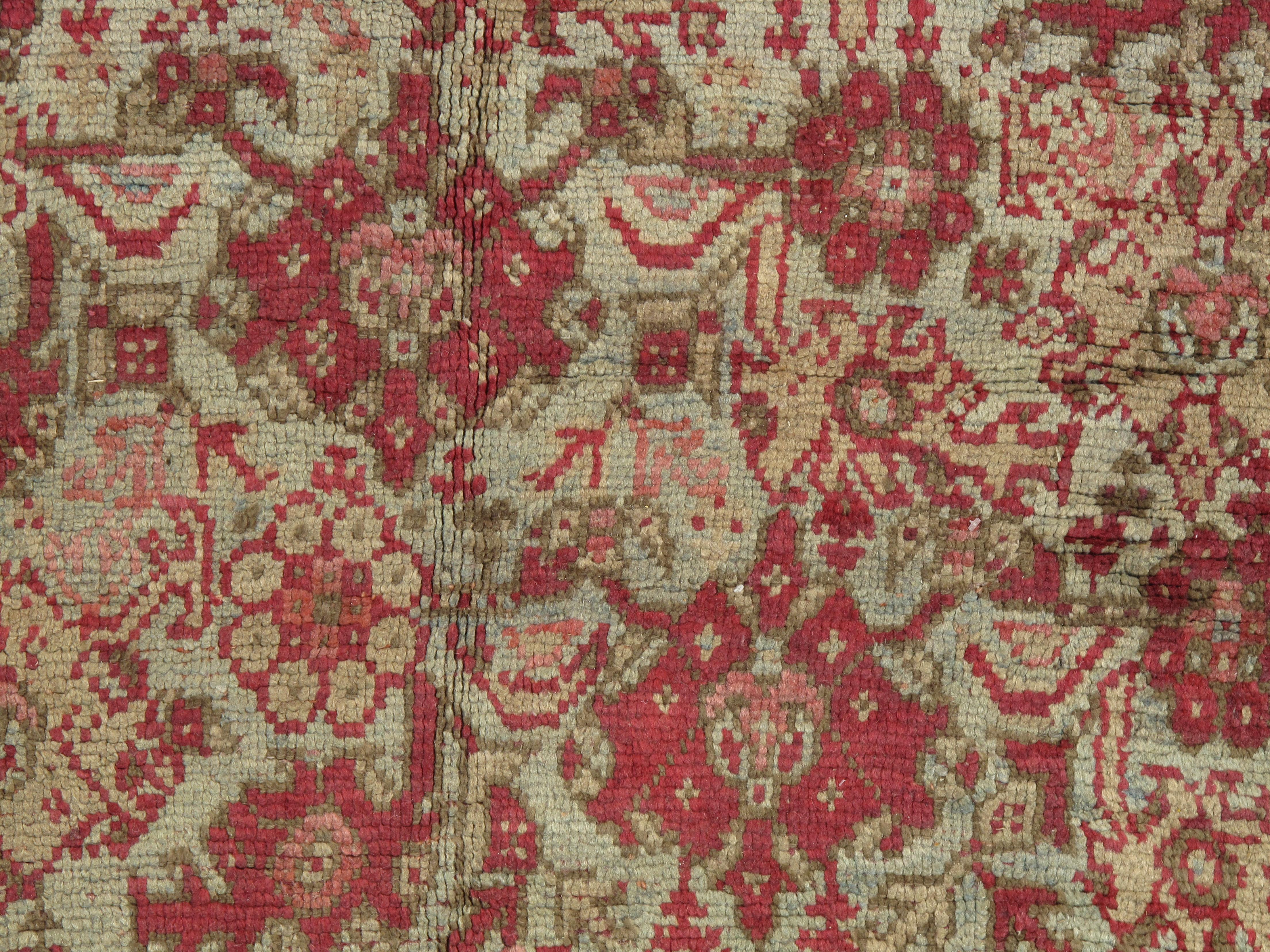 Antique Oushak Carpet, Handmade Oriental Rug, Pale Light Blue, Coral, Raspberry In Excellent Condition For Sale In Port Washington, NY