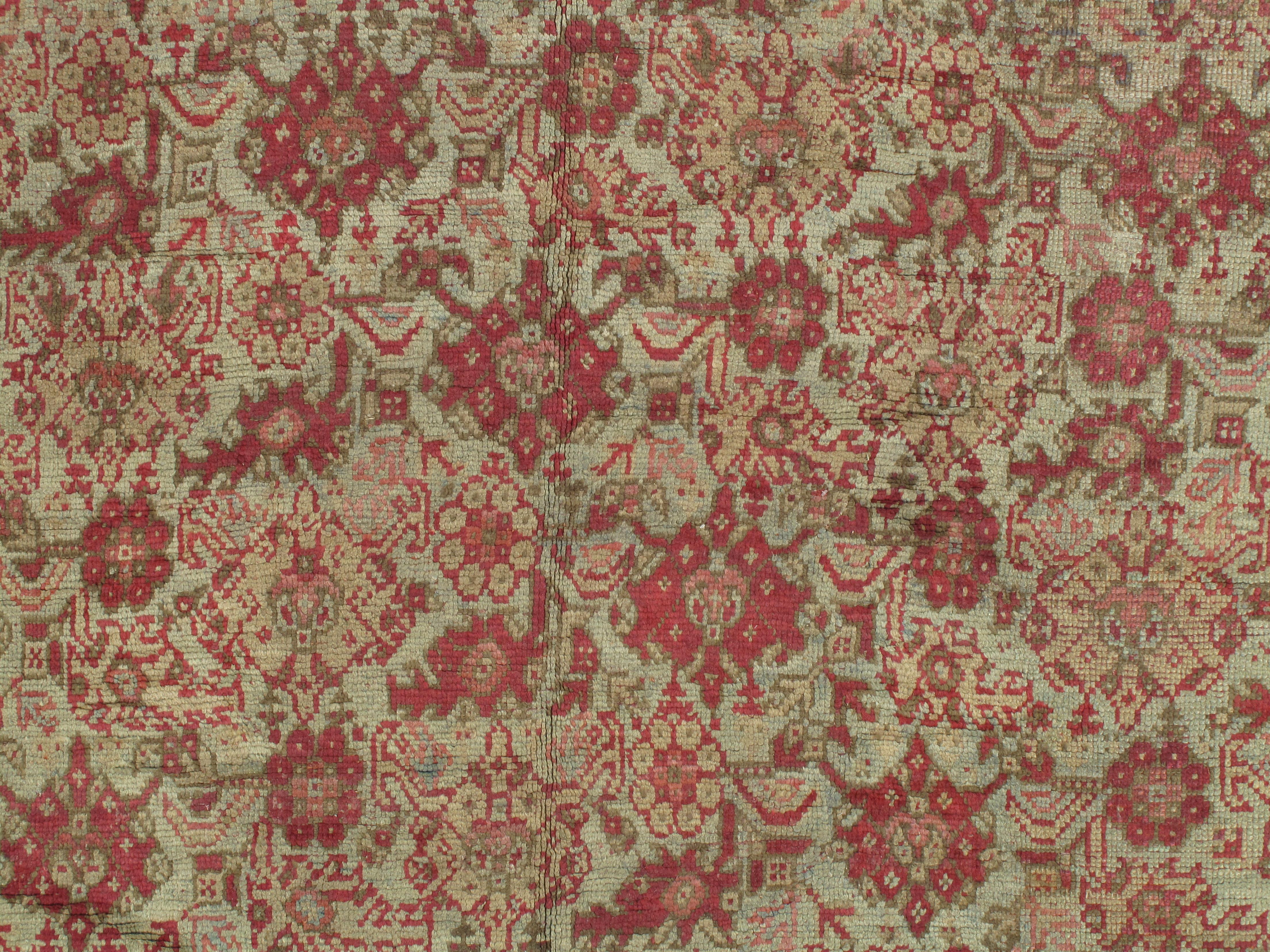 19th Century Antique Oushak Carpet, Handmade Oriental Rug, Pale Light Blue, Coral, Raspberry For Sale