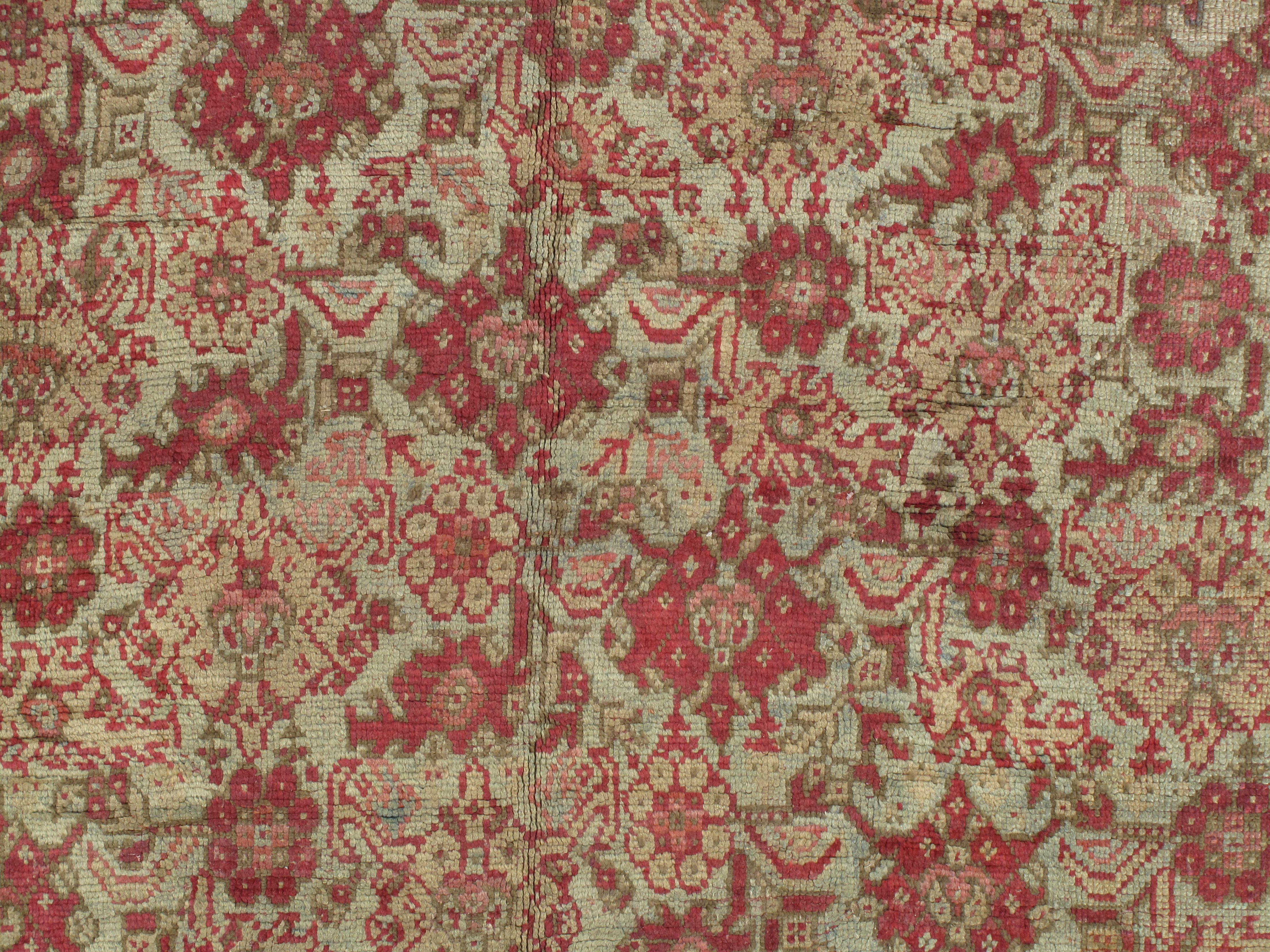 Wool Antique Oushak Carpet, Handmade Oriental Rug, Pale Light Blue, Coral, Raspberry For Sale