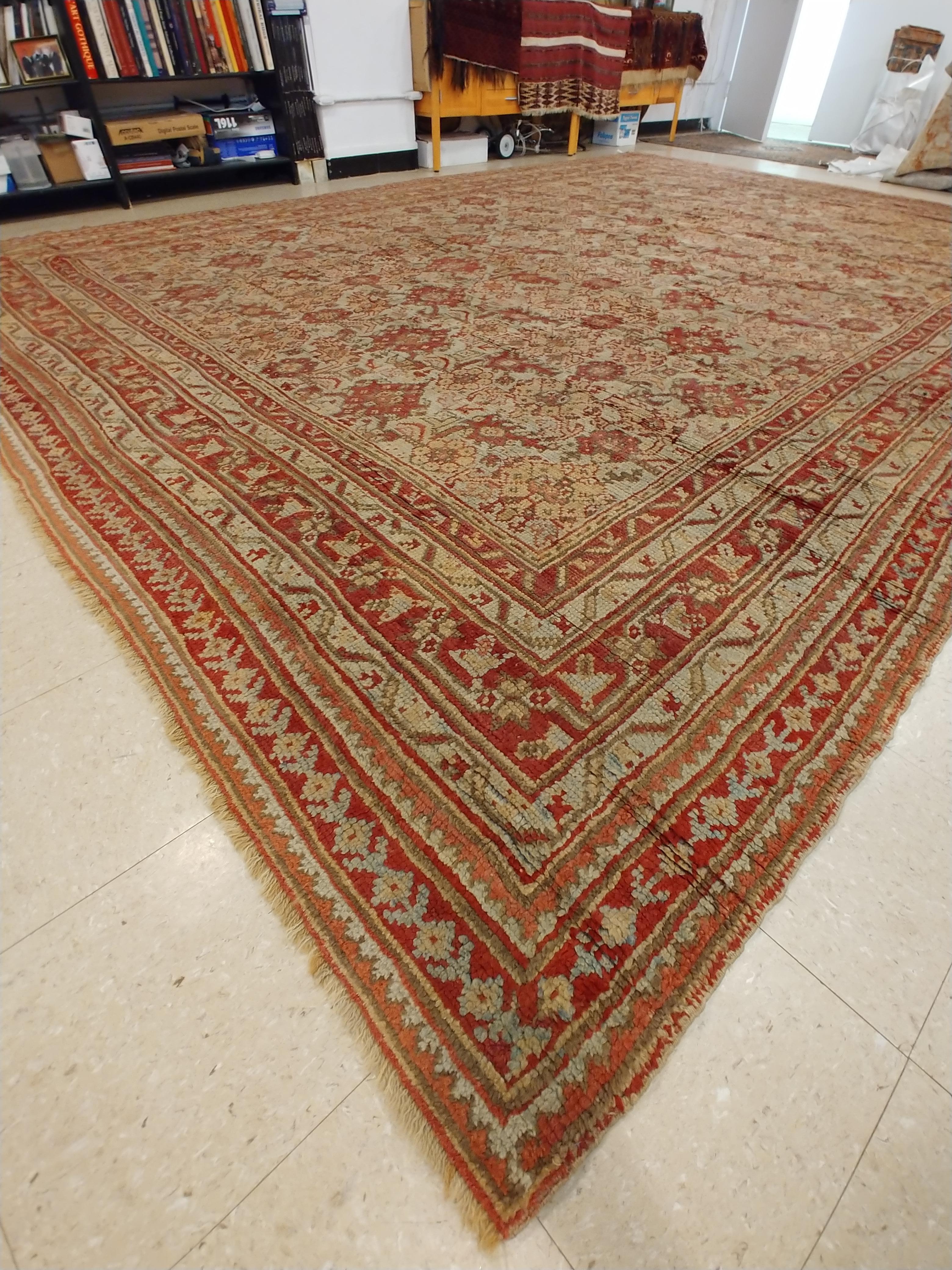 Antique Oushak Carpet, Handmade Oriental Rug, Pale Light Blue, Coral, Raspberry For Sale 1