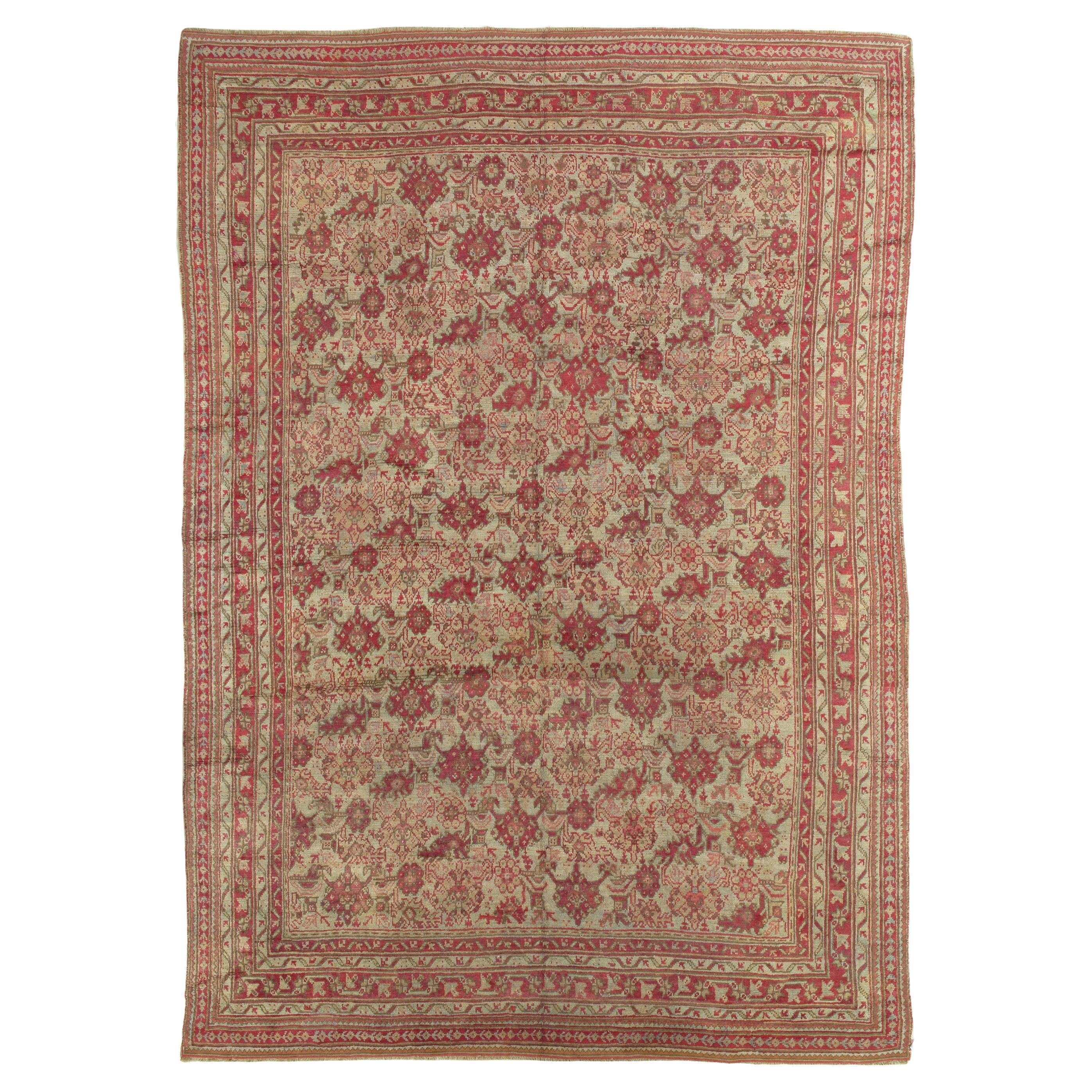 Antique Oushak Carpet, Handmade Oriental Rug, Pale Light Blue, Coral, Raspberry For Sale