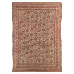 Antique Oushak Carpet, Handmade Oriental Rug, Pale Light Blue, Coral, Raspberry