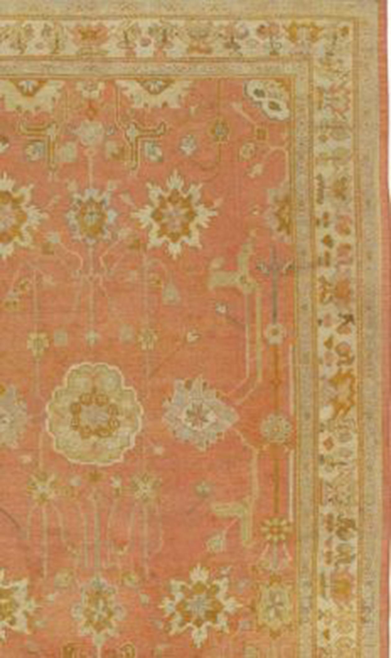 Turkish Antique Oushak Carpet, Handmade Oriental Rug, Pink Rug, Taupe, Cream Fine For Sale
