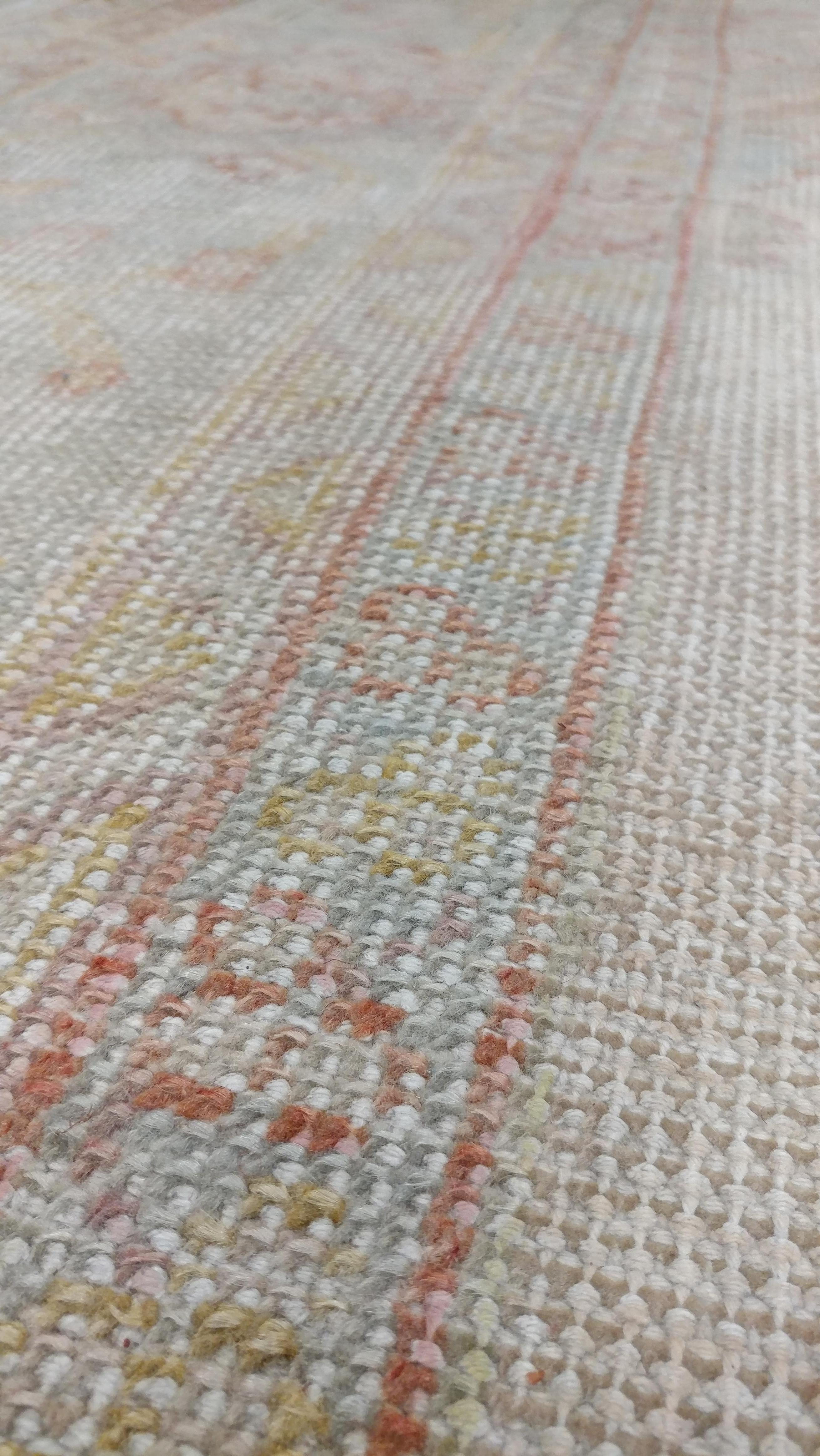 Wool Antique Oushak Carpet, Handmade Oriental Rug, Shrimp Pink, Taupe, Cream Fine Rug For Sale