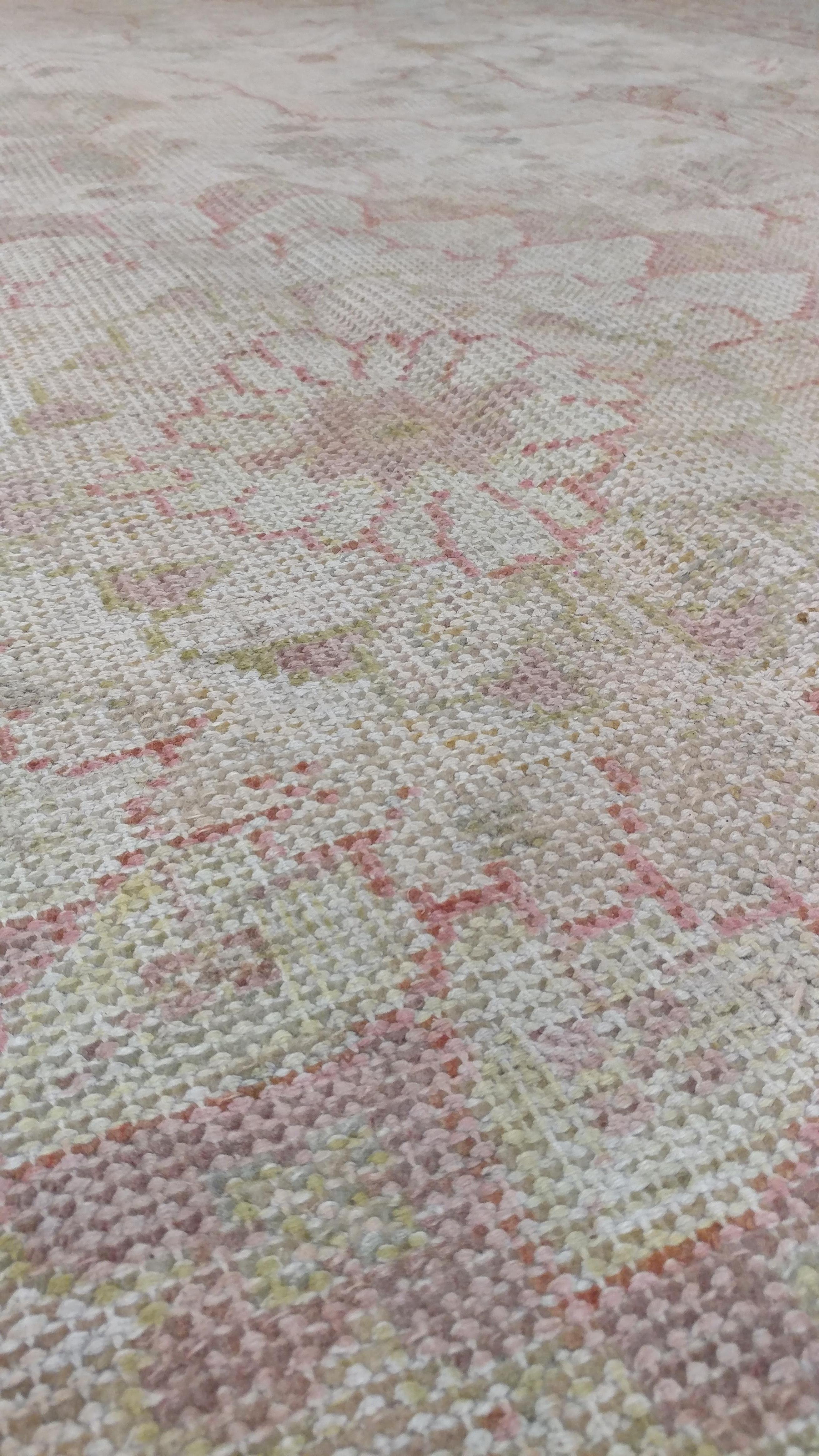 Antique Oushak Carpet, Handmade Oriental Rug, Shrimp Pink, Taupe, Cream Fine Rug For Sale 1
