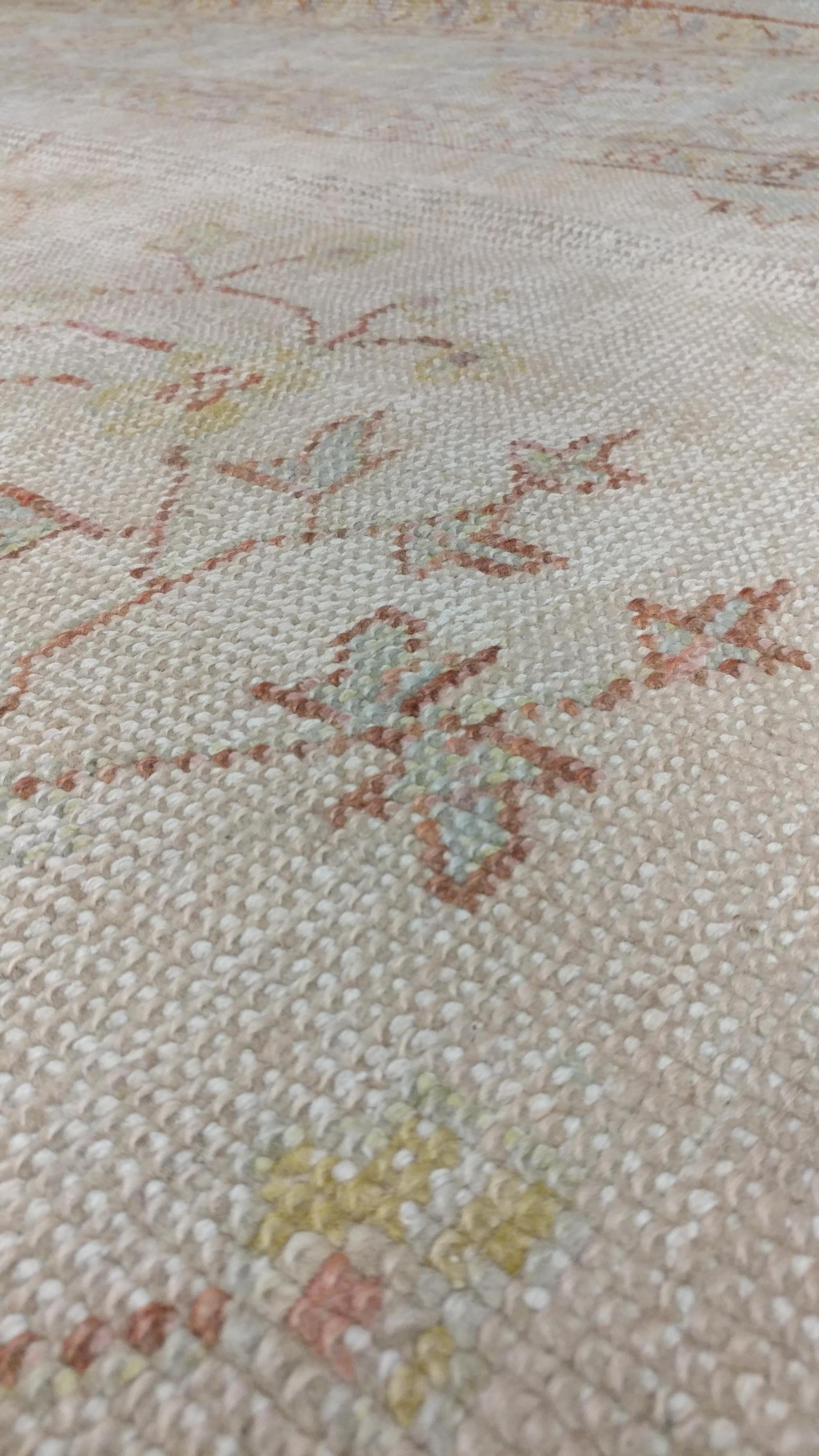 Antique Oushak Carpet, Handmade Oriental Rug, Shrimp Pink, Taupe, Cream Fine Rug For Sale 3