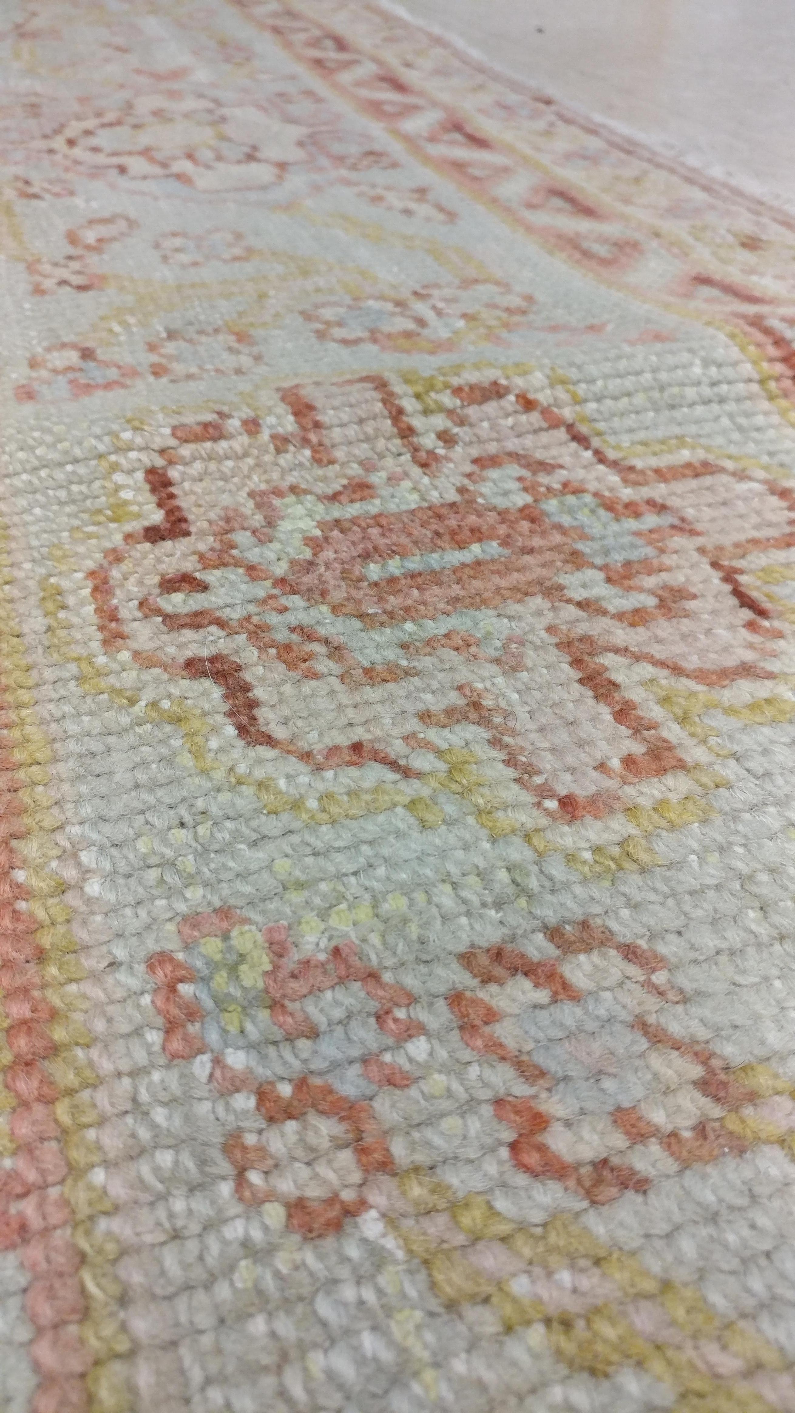 Antique Oushak Carpet, Handmade Oriental Rug, Shrimp Pink, Taupe, Cream Fine Rug For Sale 4