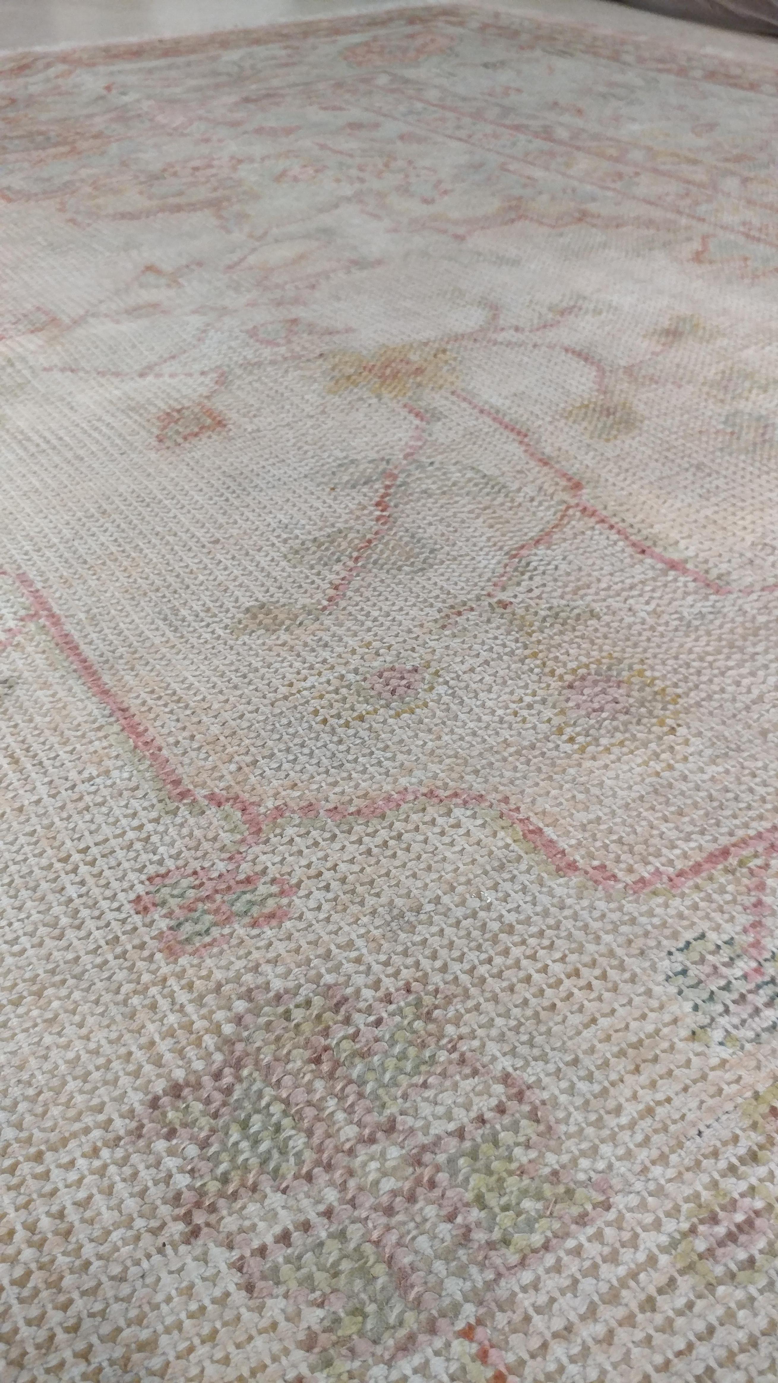 Late 19th Century Antique Oushak Carpet, Handmade Oriental Rug, Shrimp Pink, Taupe, Cream Fine Rug For Sale