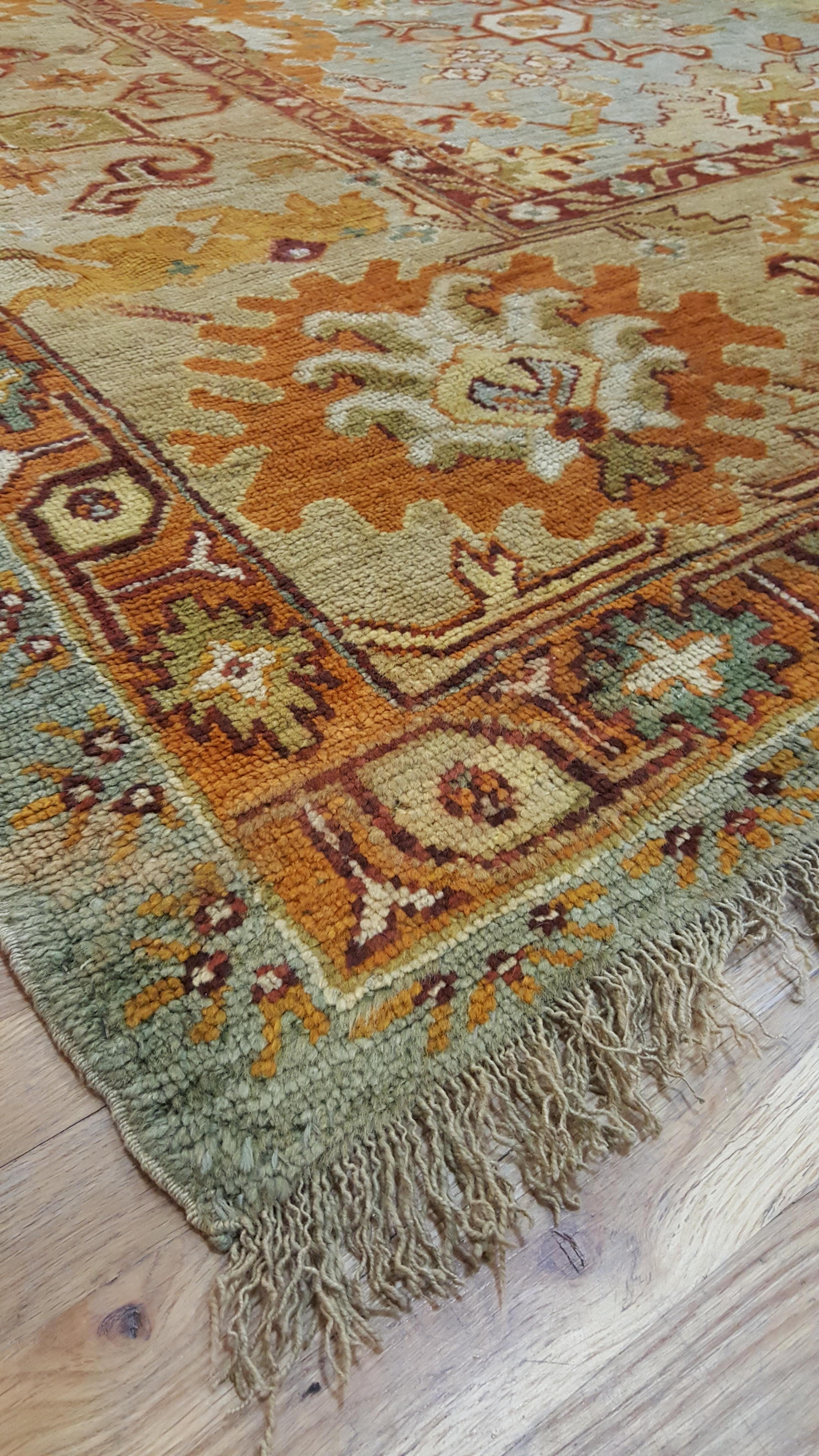19th Century Antique Oushak Carpet, Handmade Oriental Rug, Soft Saffron Light Gray Light Blue For Sale