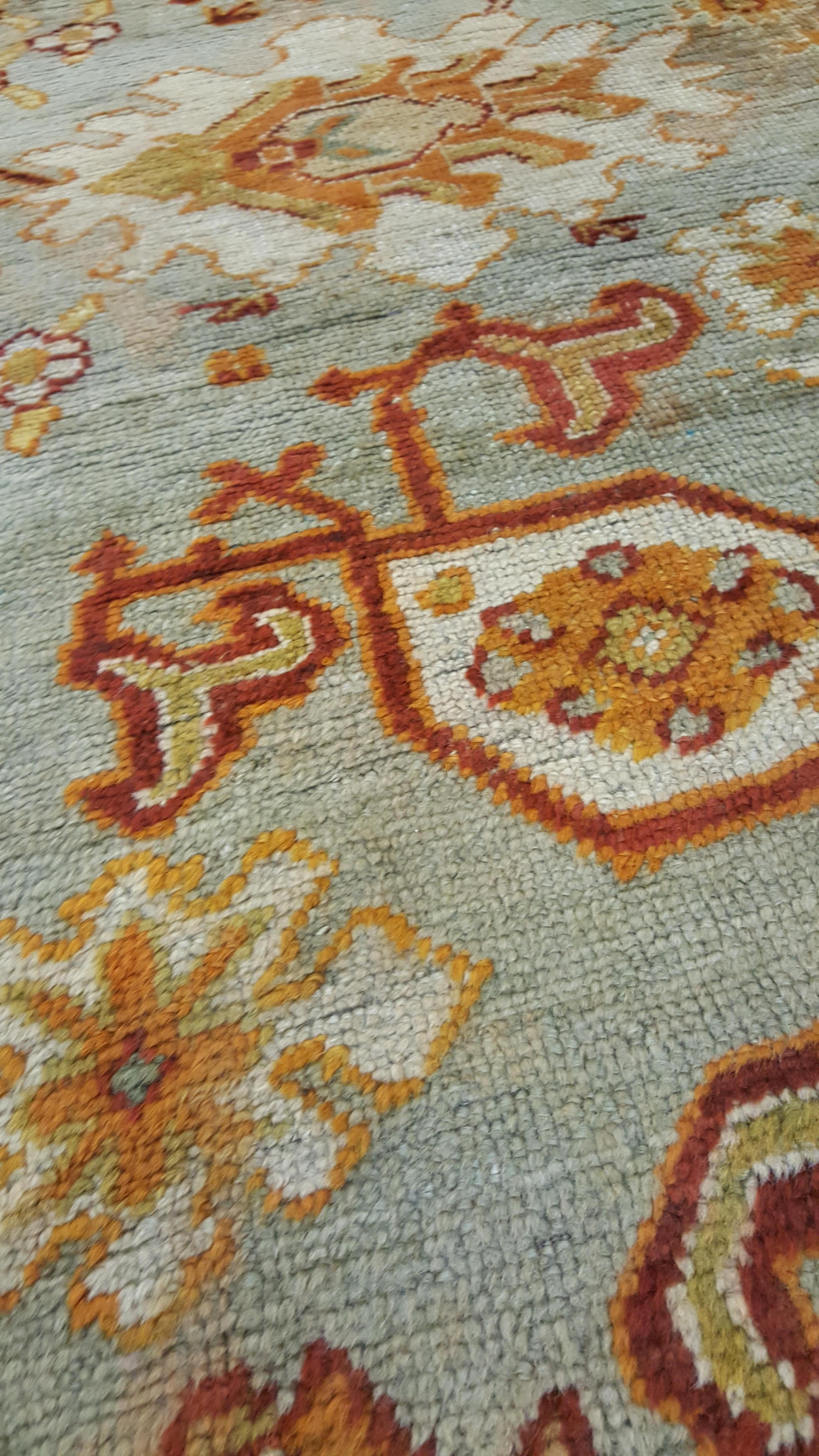 Wool Antique Oushak Carpet, Handmade Oriental Rug, Soft Saffron Light Gray Light Blue For Sale